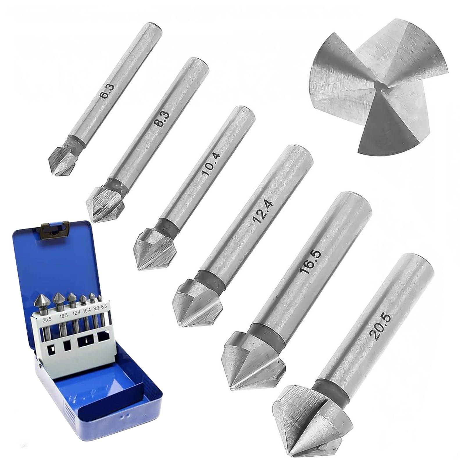 Set 6 Svasatori Conici A 90° HSS Con Rivestimento Titanio - 6,3-20,5 Mm, Incluso Punzone Centrale In Ottone
