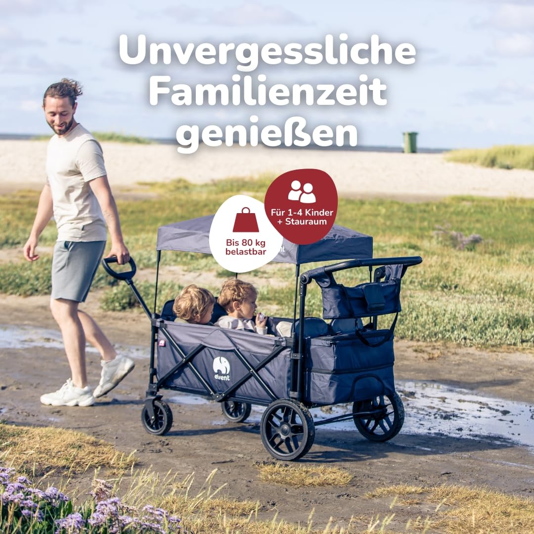 elvent® WagonPro Premium Bollerwagen/Handwagen faltbar mit Dach I 4 Sitzplätze | groß I Sitzpolster, Hecktasche, Off-Road-Reifen, Feststellbremse, 5-Punkt-Gurt I für 4 Kinder (Blau)