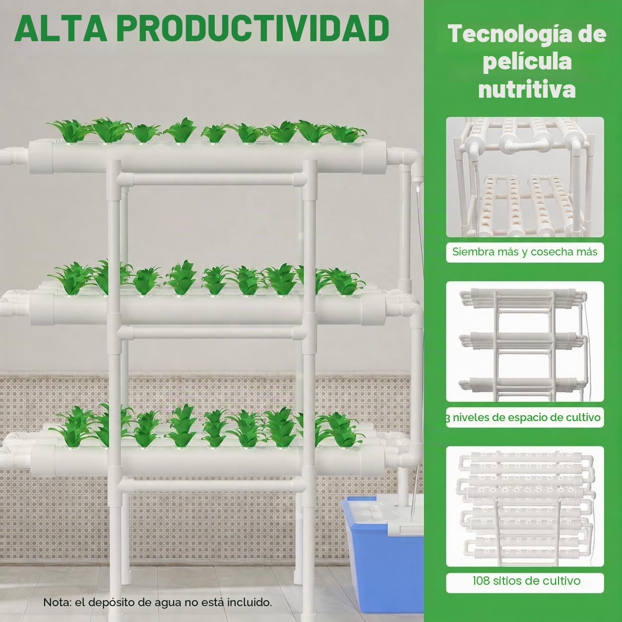 Hydroponic System Grow Kit 108 Sitios de Plantas 3 Capas PVC Hidropónico para Cultivo Acuático de Plantas de Jardín y Experimento Hidropónico Vegetal, 96 × 55 × 111 cm
