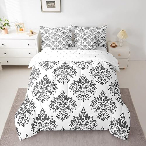 Full Size Vintage Jacquard Bed in a Bag Damask Floral 7 Piece Bedding Set For Ki