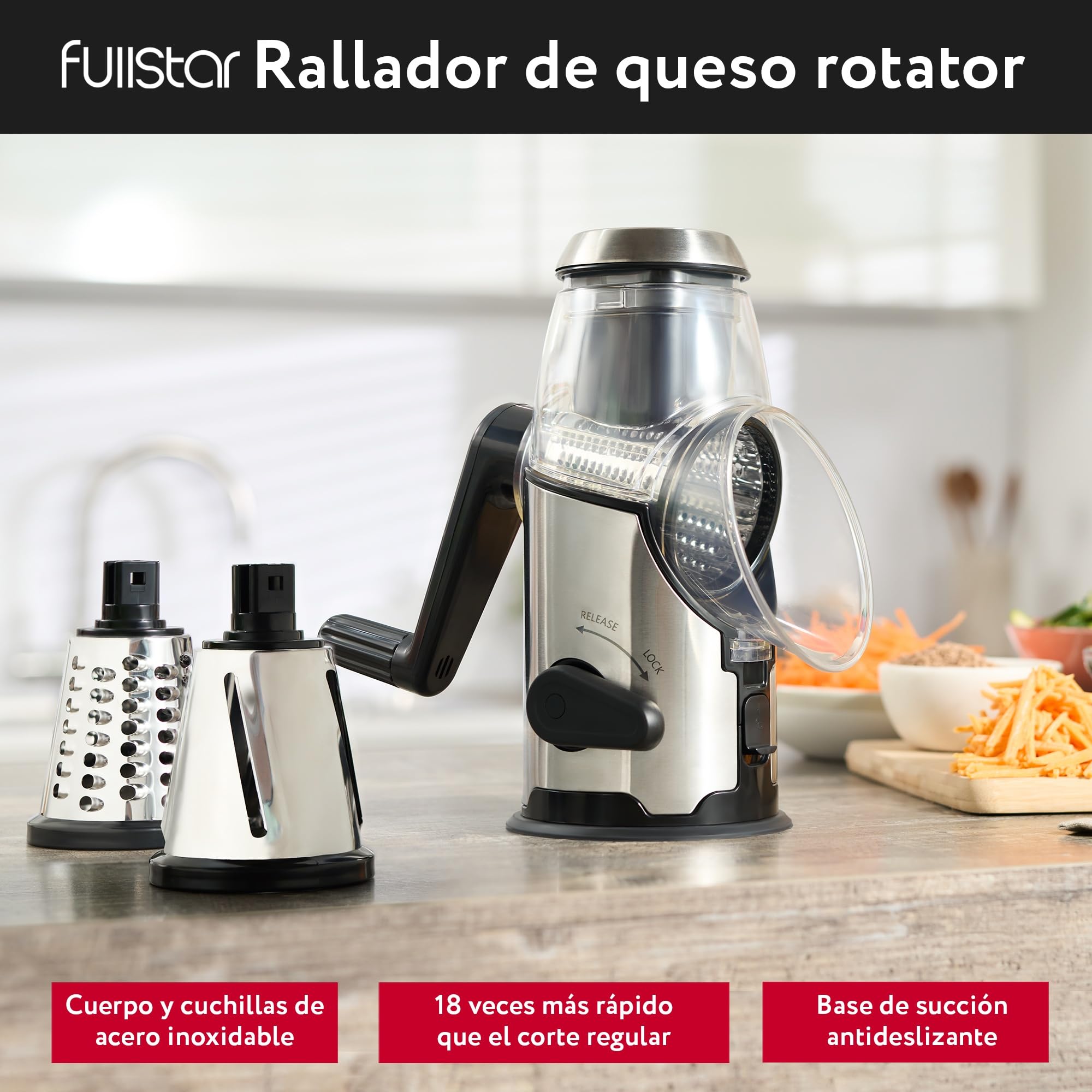 Rallador de Queso con Manivela - Rallador Verduras Inox con 3 Cuchillas de Tambor Intercambiables - Rápido y Fácil - Base Antideslizante - Rallador de Cocina para Queso Pepino Zanahoria Patata