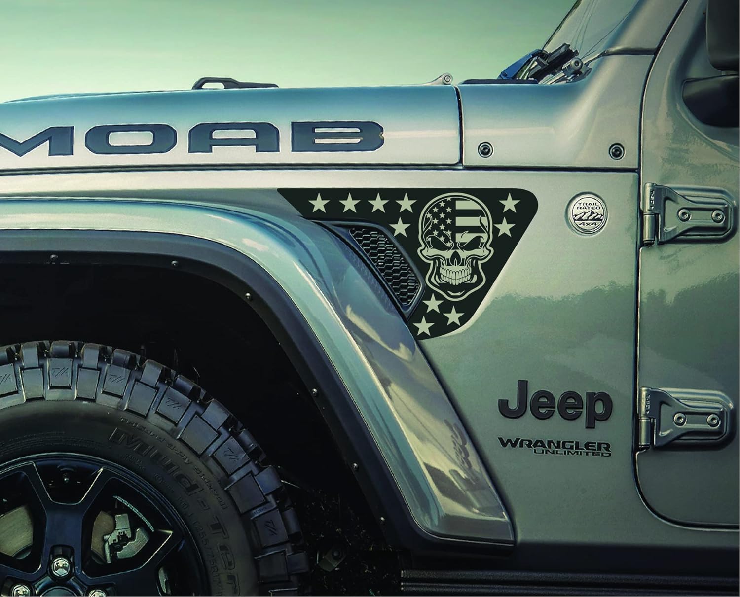 AnyStickerYouWant - Wicked Skull USA Flag Fender Vent Vinyl Decal Sticker Fits & Compatible with Jeep Wrangler JL/Jeep Gladiator JT 2018+ Rare Wicked Skull USA Flag Print (Any Color You Want)