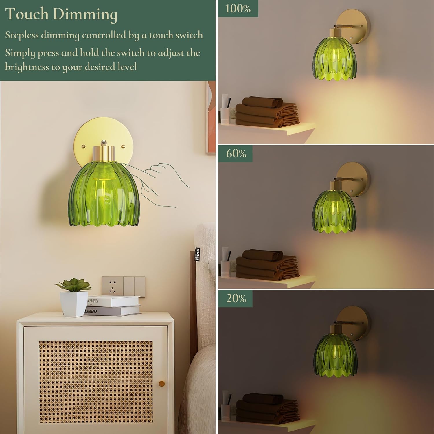 Vintage Battery Operated Wall Sconces Set of 2, 5200mAh Wireless Rechargeable Wall Lamps with Green Glass Tulip Lampshade, Cordless Wall Mounted Lights for Bedroom Vanity Living Room