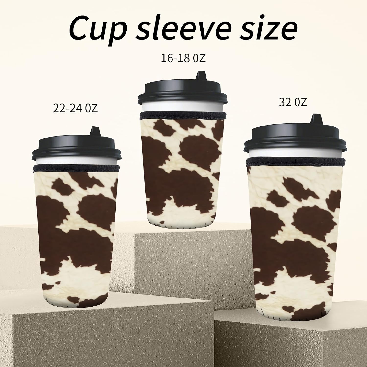 3 Pack Reusable Neoprene Insulator Sleeve for Iced Coffee Cups, Cute Funny Coffee Cup Sleeve, Universal Fit 16-32oz Cups for Hot Cold Beverages Luxuious Cow Print