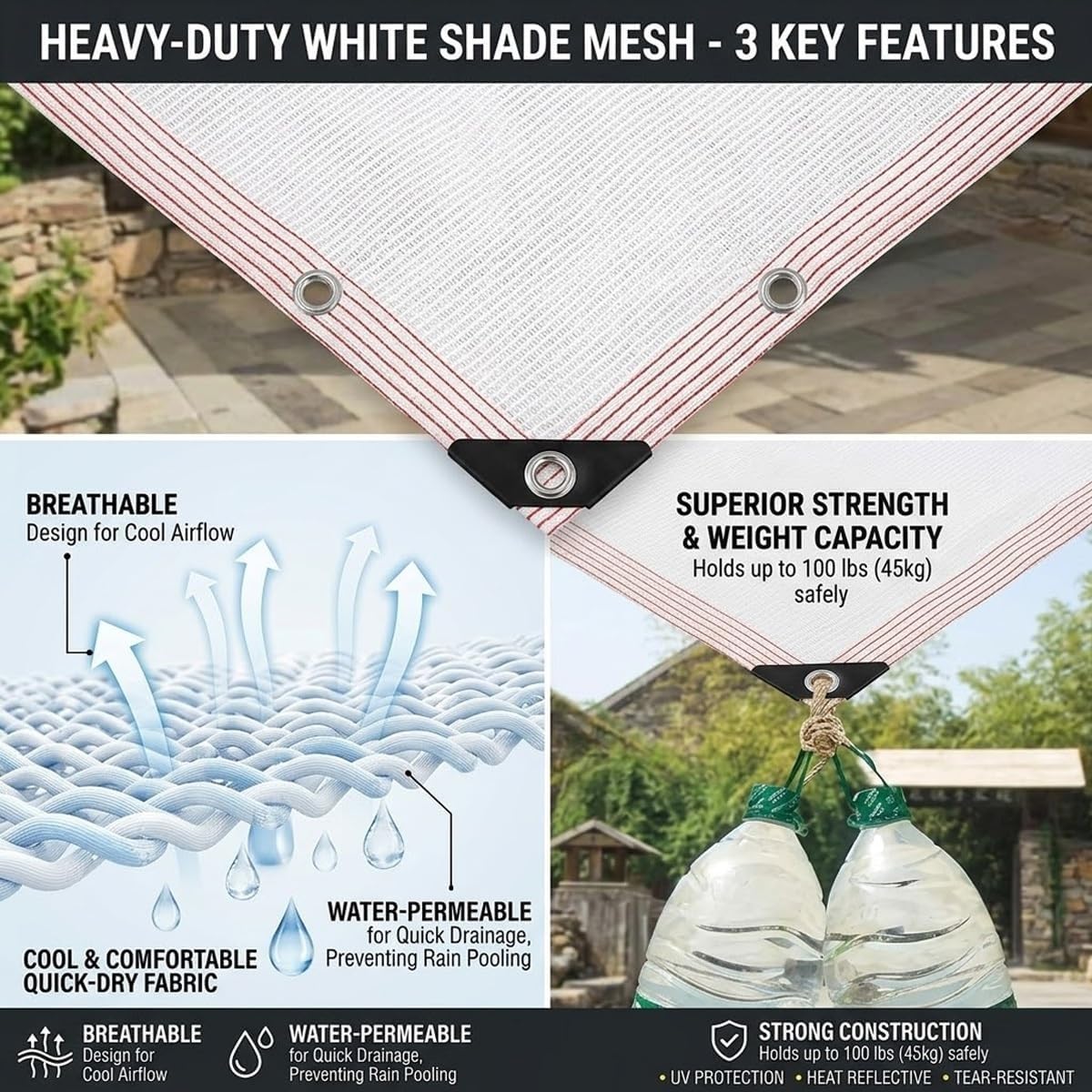 HDPE Sonnenschutz Sunsegel, Sonnensegel Atmungsaktiv, Mit Ösen&Seil Mehrzweck Überdachung für Pergola Terrasse Balkon Garten,Weiß(6X15m)