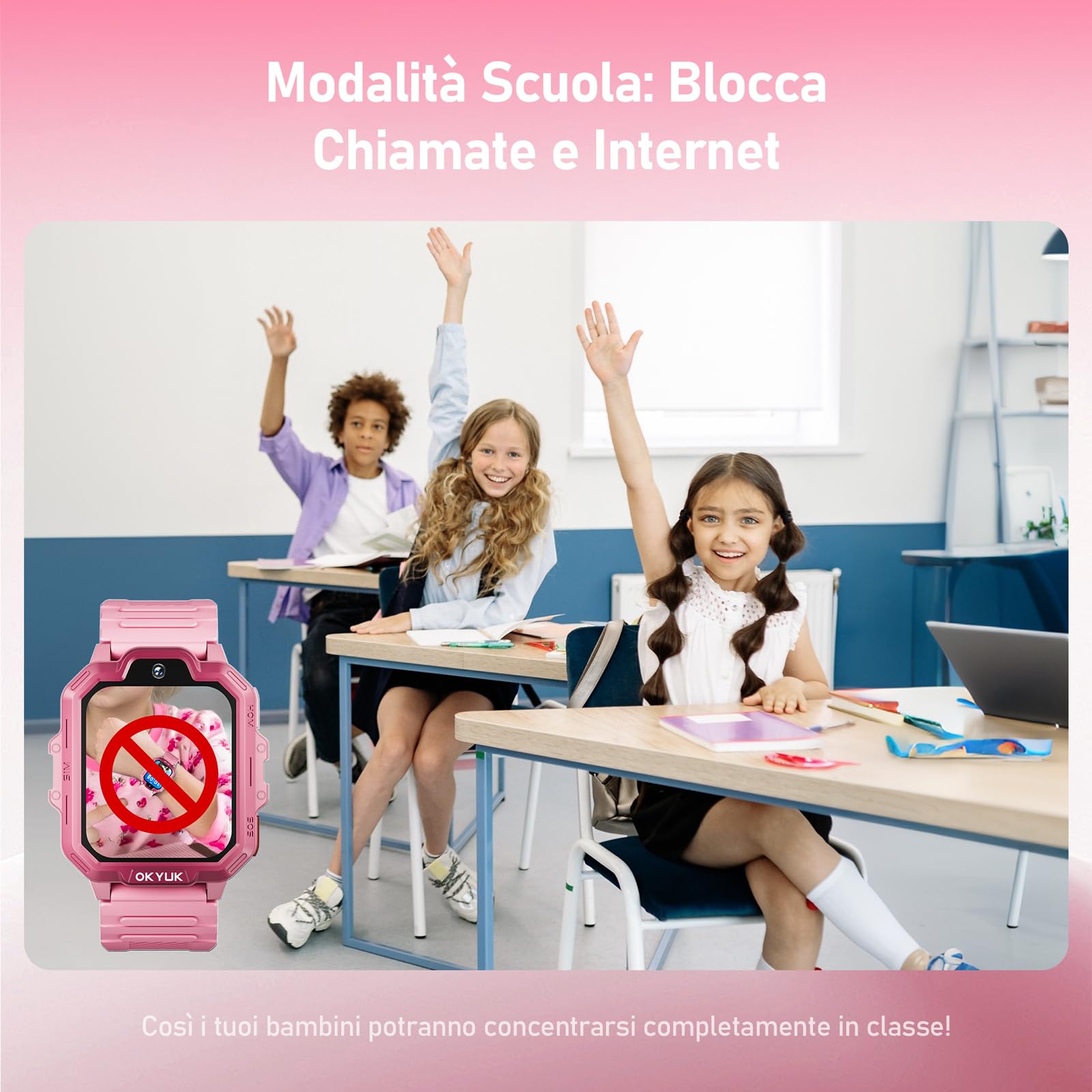 OKYUK T17 smartwatch bambini, 4G orologio bambino, GPS per bambini, SOS, chat vocale, SMS, modalità scuola, giochi e stazione di ricarica Panda, orologio per ragazze e ragazzi（Rosa）