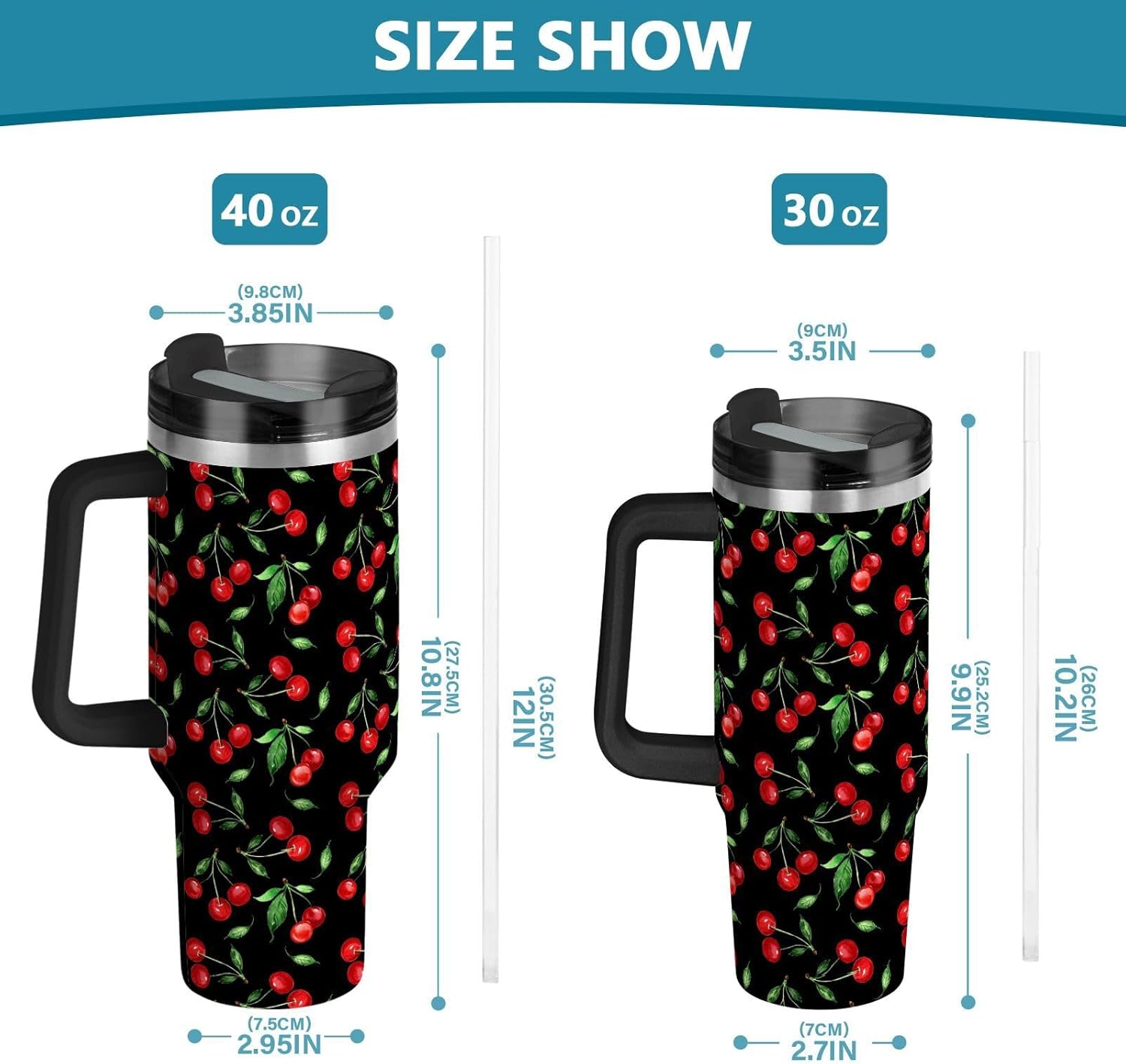 40 oz Tumbler Cherry Fruit with Handle and Straw Lid Vacuum Stainless Steel Insulated Water Bottle Travel Mug Car Cup Holder Friendly for Gym Travel Office - Image 3