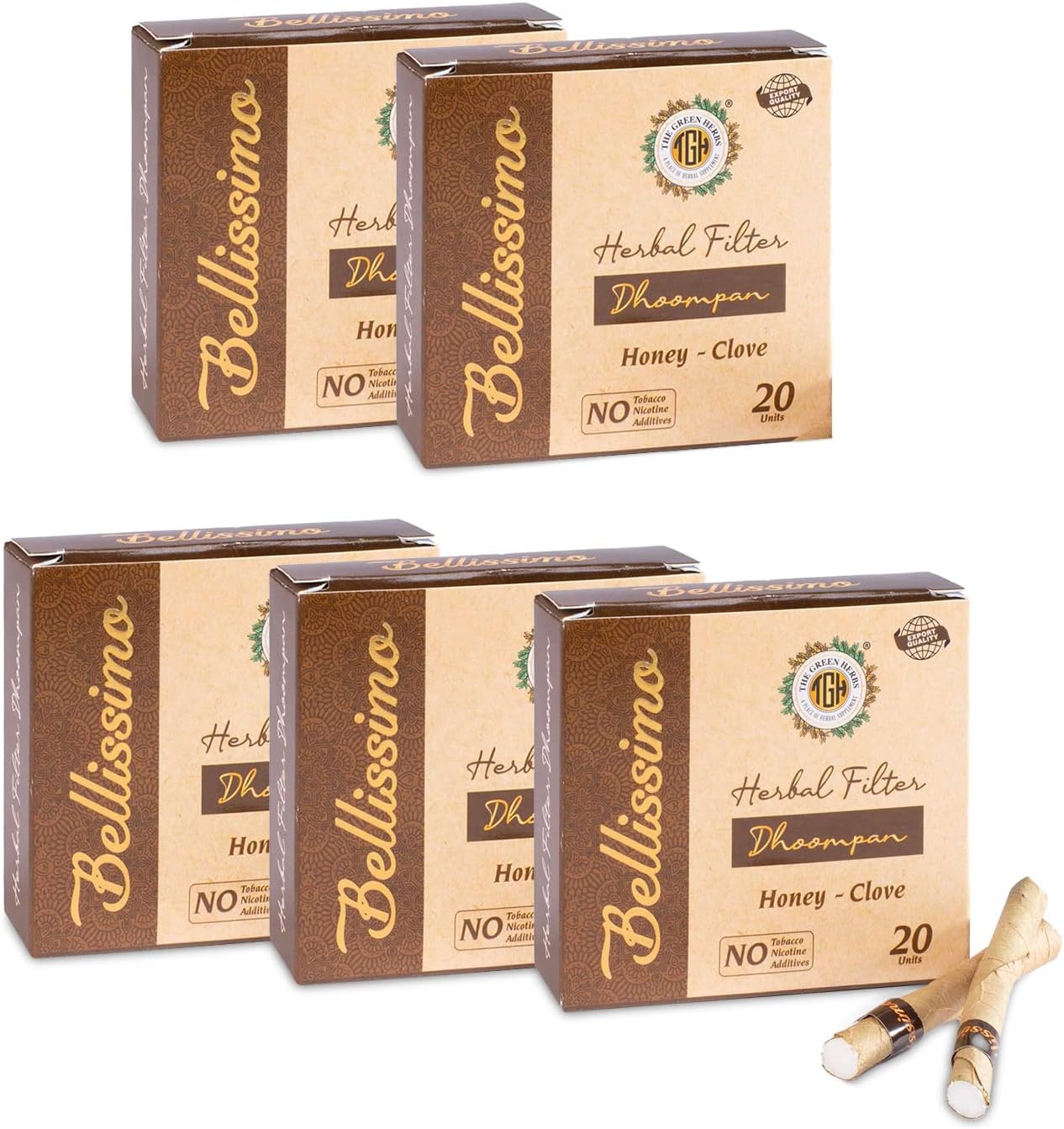 Bellissimo Herbal Cigarette, Tobacco & Nicotine Free Herbal Filter Dhoompan, Honey Clove Flavor Bidi Rolled in Tendu Leaves, Non-Addictive & Helps Quit Smoking, Pack of 5 x 20 Bidi Sticks Per Pack