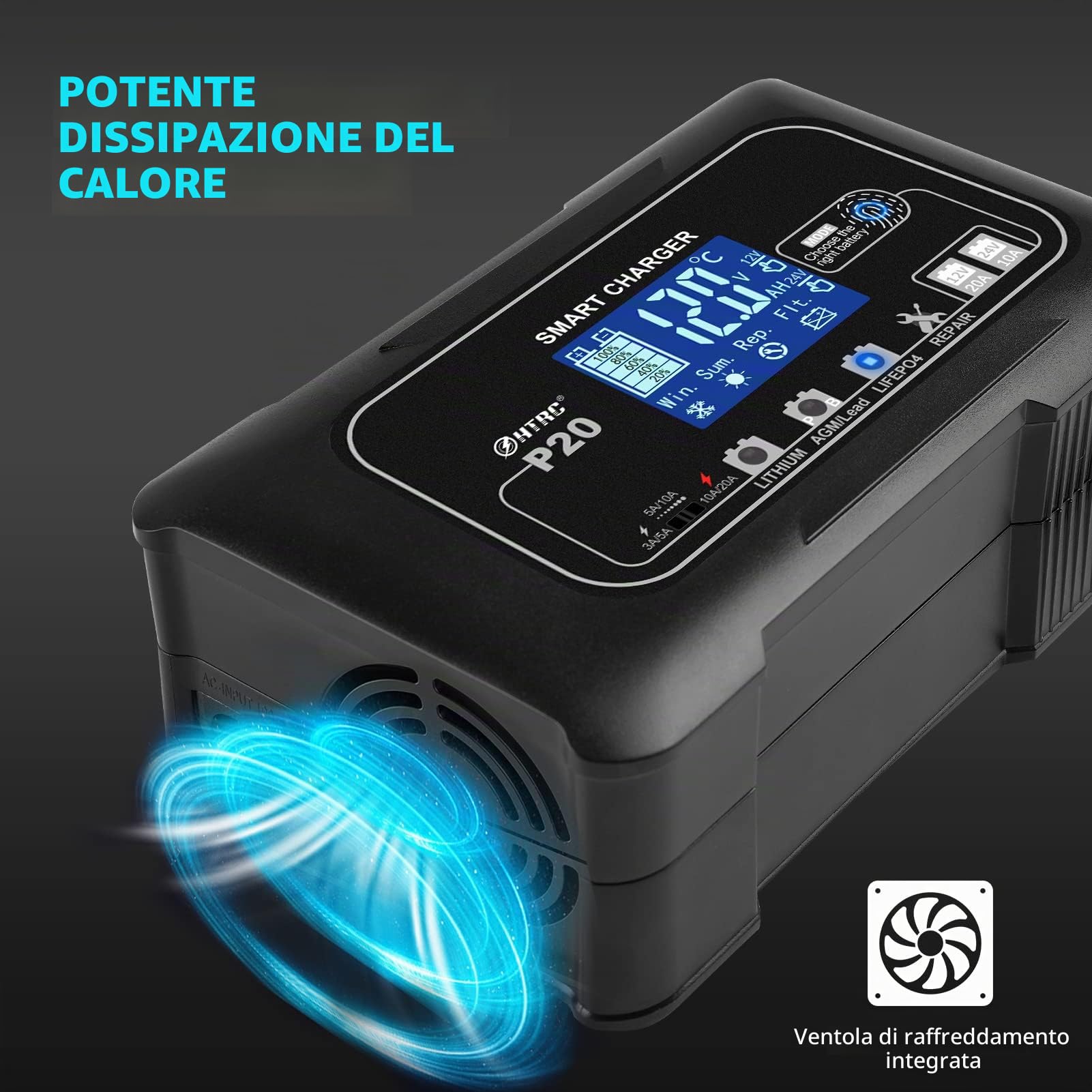 SolaMr Caricabatterie per Auto da 20A, Mantenitore Automatico Intelligente di Batteria da 12 e 24 V con Ricondizionamento a impulsi per Camion, Moto, Batterie Marine al litio e al piombo - P20