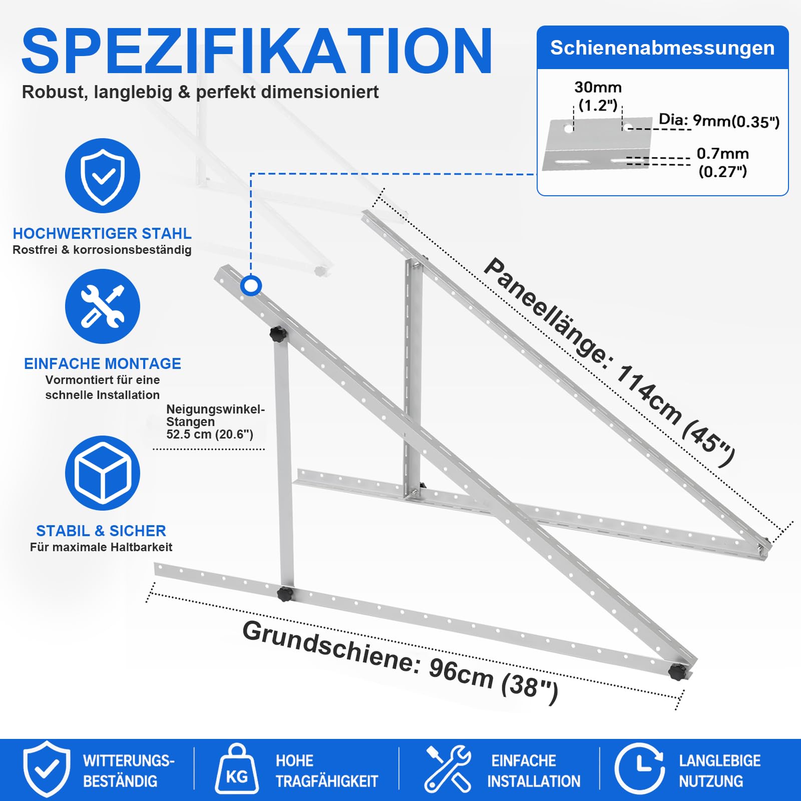 Balkonkraftwerk Halterung 114cm (4er-Set) Solarpanel Halterung Solarmodul Halterung, 0–90° verstellbar für 100–400W Module, Aluminium Halterungen Flachdach für Dach, Balkon & Boden
