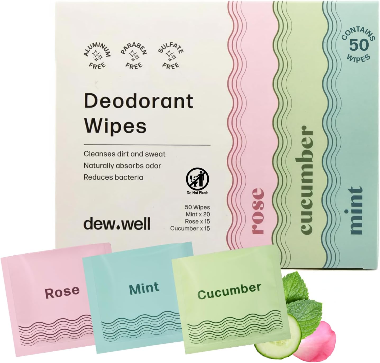 Dew Well - Refresh Deodorant Wipes - A Fresh Start When You’re On the Go - Aluminum, Paraben, and Sulfate Free - Variety Pack (Mint, Rose, and Cucumber) - 50 Individually Wrapped Wipes