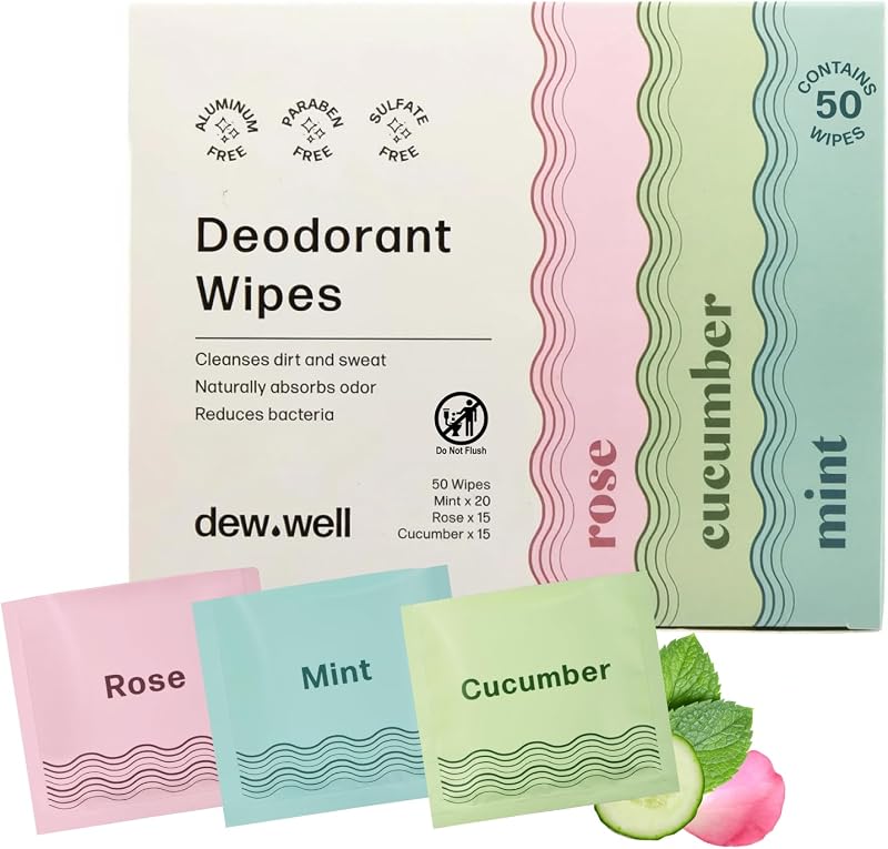 Dew Well Deodorant Wipes - On-the-Go Travel Deodorant - Fresh Mint, Rose & Cucumber Scents Body Wipes for Women - Aluminum, Paraben & Sulfate Free Mini Toiletries - 50 Count, Mint/Rose/Cucumber