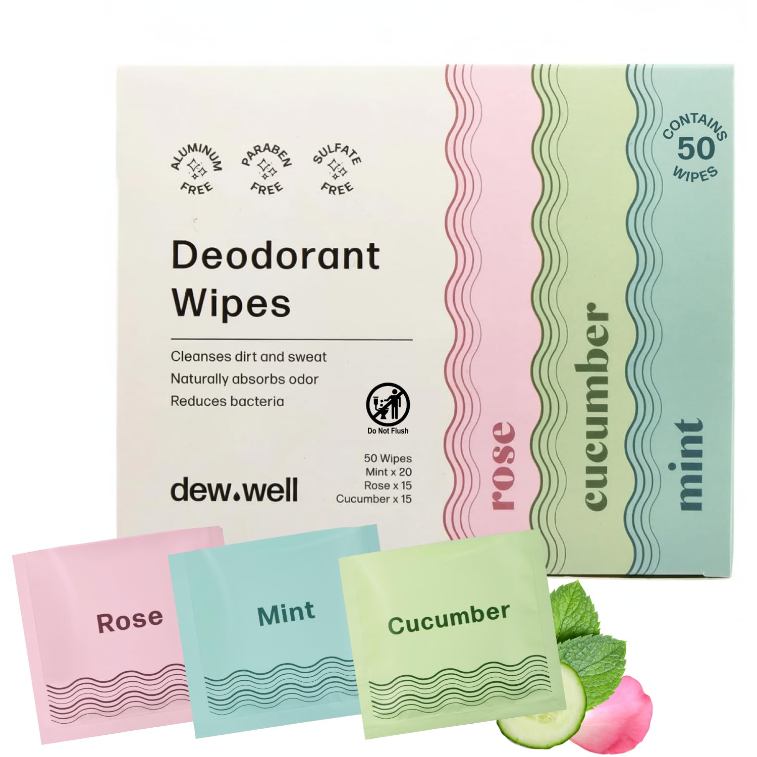 Dew Well - Refresh Deodorant Wipes - A Fresh Start When You’re On the Go - Aluminum, Paraben, and Sulfate Free - Variety Pack (Mint, Rose, and Cucumber) - 50 Individually Wrapped Wipes