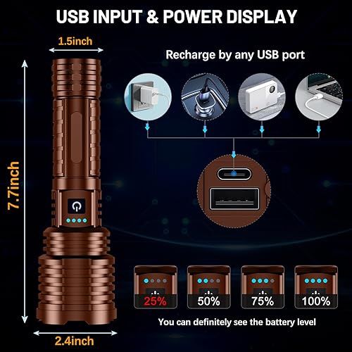 Miniatura 4 de Linternas de 5000.000 lúmenes altos recargables, luz de flash súper brillante, 5 modos de linterna LED ajustable, 31 horas de tiempo de