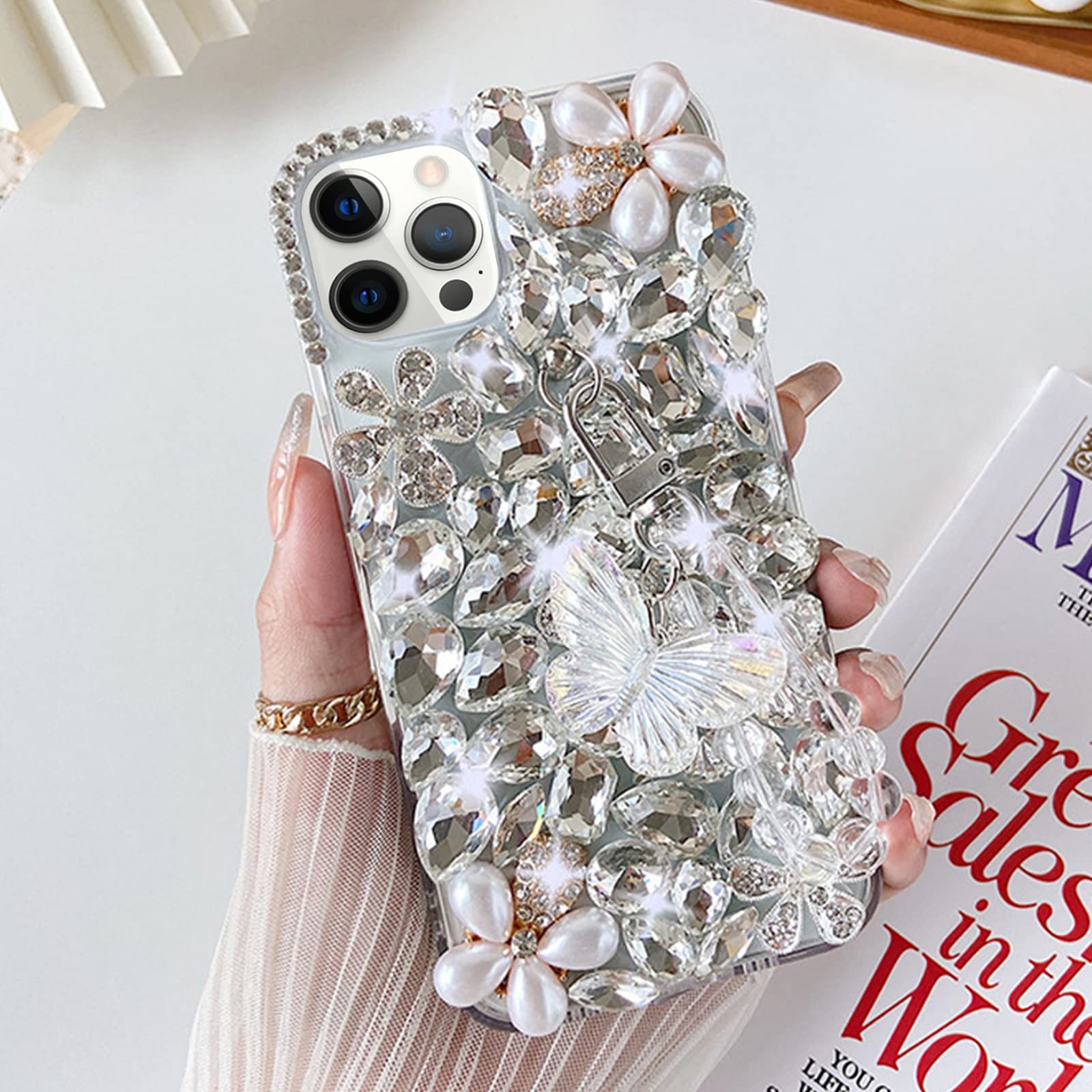Omio Compatible with iPhone 14 Pro Max Bling Case with Hand Chain Strap Cute Butterfly Pendant Bracelet 3D Handmade Sparkle Glitter Crystal Bling Diamond Hard PC Phone Case for Women Girls White