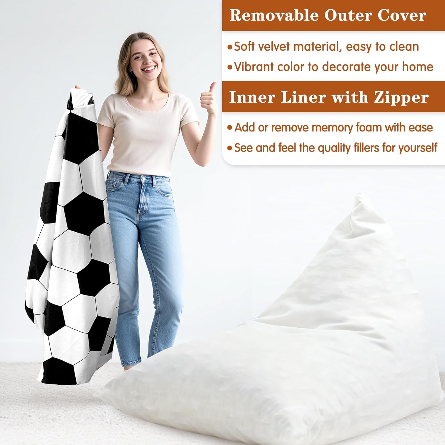 Jorbest Soccer Bean Bag Chair for Kids, 3FT Bean Bag Chairs with Memory Foam Filled and Luxurious Velvet Cover for Boys Girls, Soft Sofa Chair Bean Bag Couch with Filler, X-Large