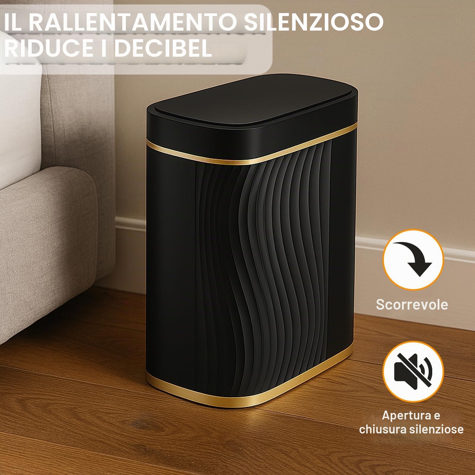 Pattumiera da 8 l, con sensore intelligente, da cucina con coperchio, per cosmetici, per bagno, inodore e impermeabile, senza rumore, touchless26,5 x 29,5 x 14 cm (nero)