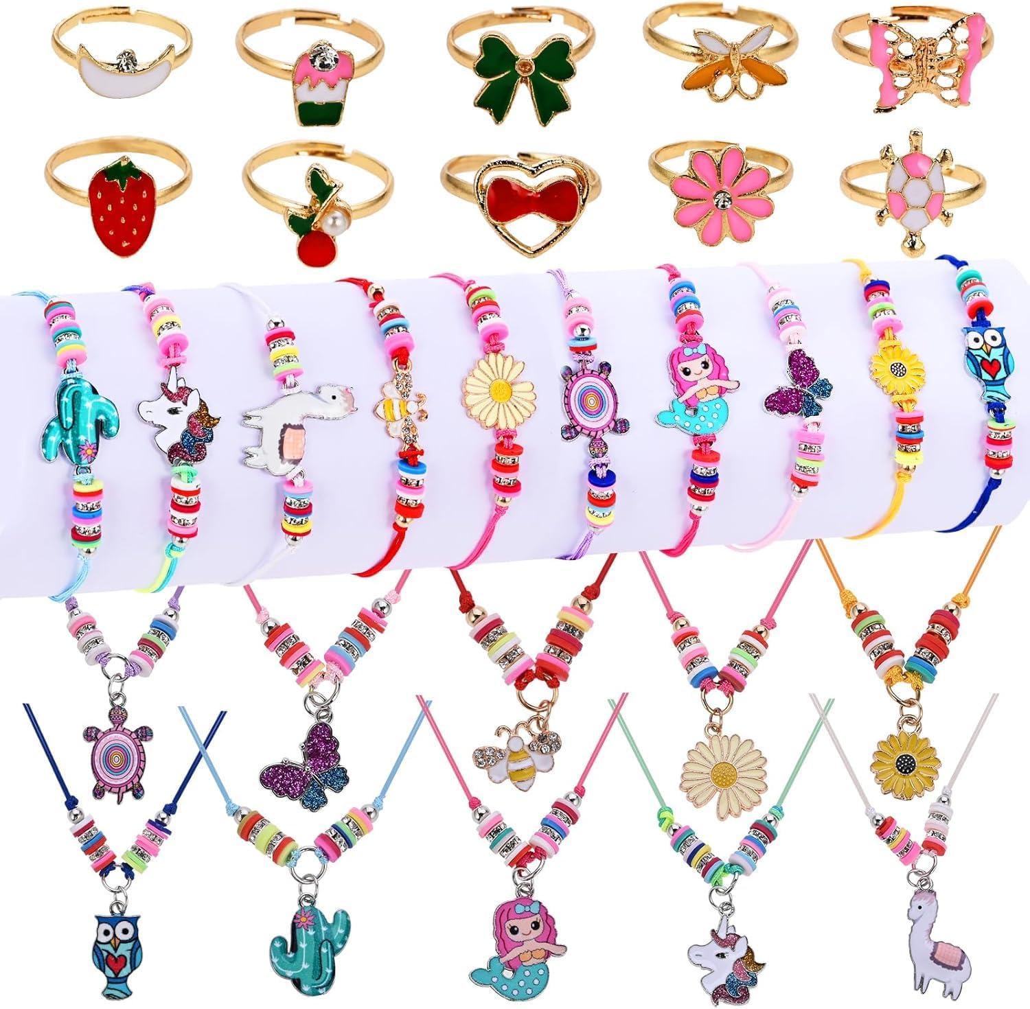 30pcs Kids Jewelry for Girls, 10 Necklaces, 10 Rings, 10 Bracelets, Little Girls Jewelry Kids Unicorn Necklace Rings for girls, Kid Bracelets Necklace Birthday Gift Age 2 4 6 8