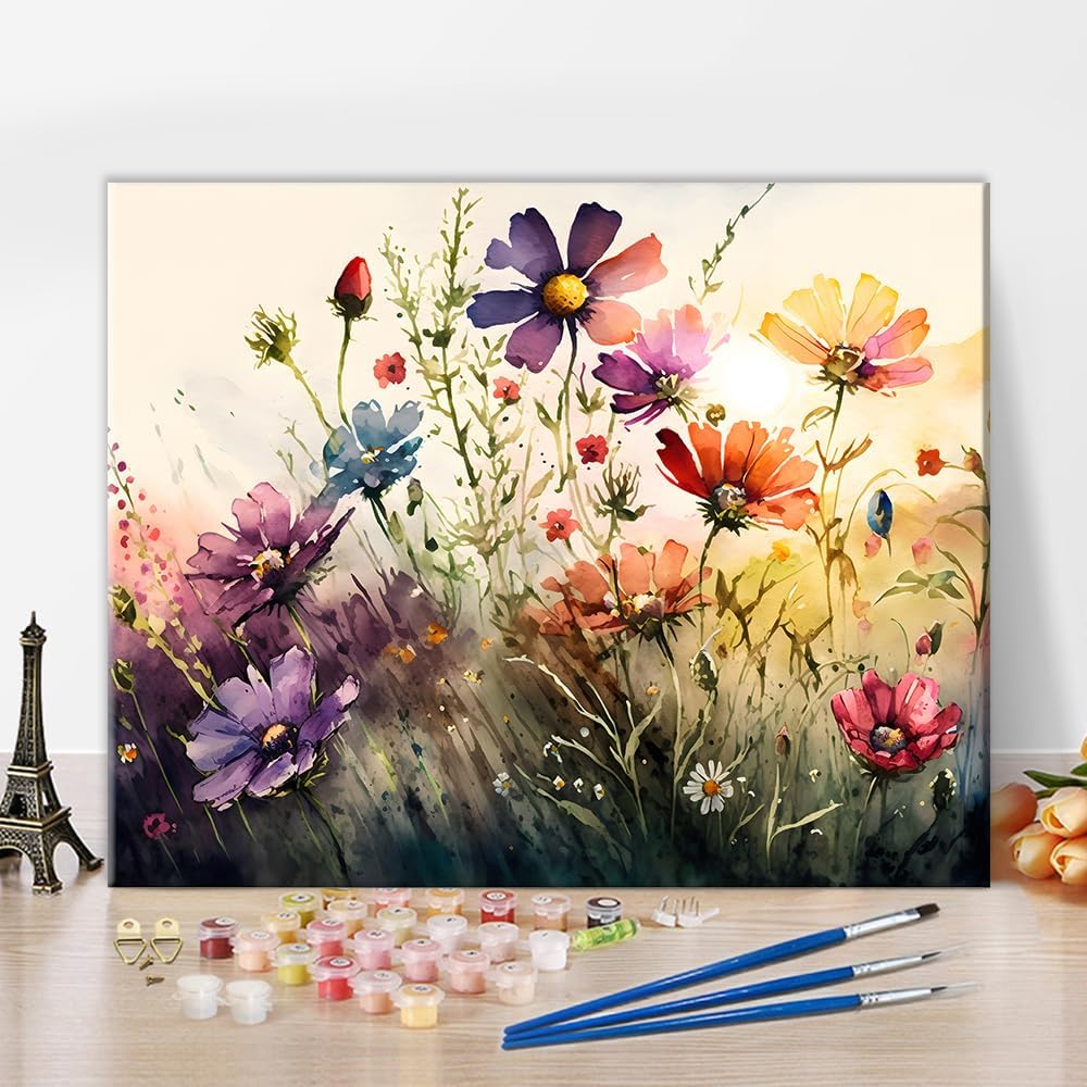 TISHIRONWatercolour Flower Paint by Numbers for Adults Beginners, Abstract Painting by Numbers Kits on Canvas Acrylic Paint Floral Drawing Painting with Brushes Oil Painting Home Decor 16 x 20 cm