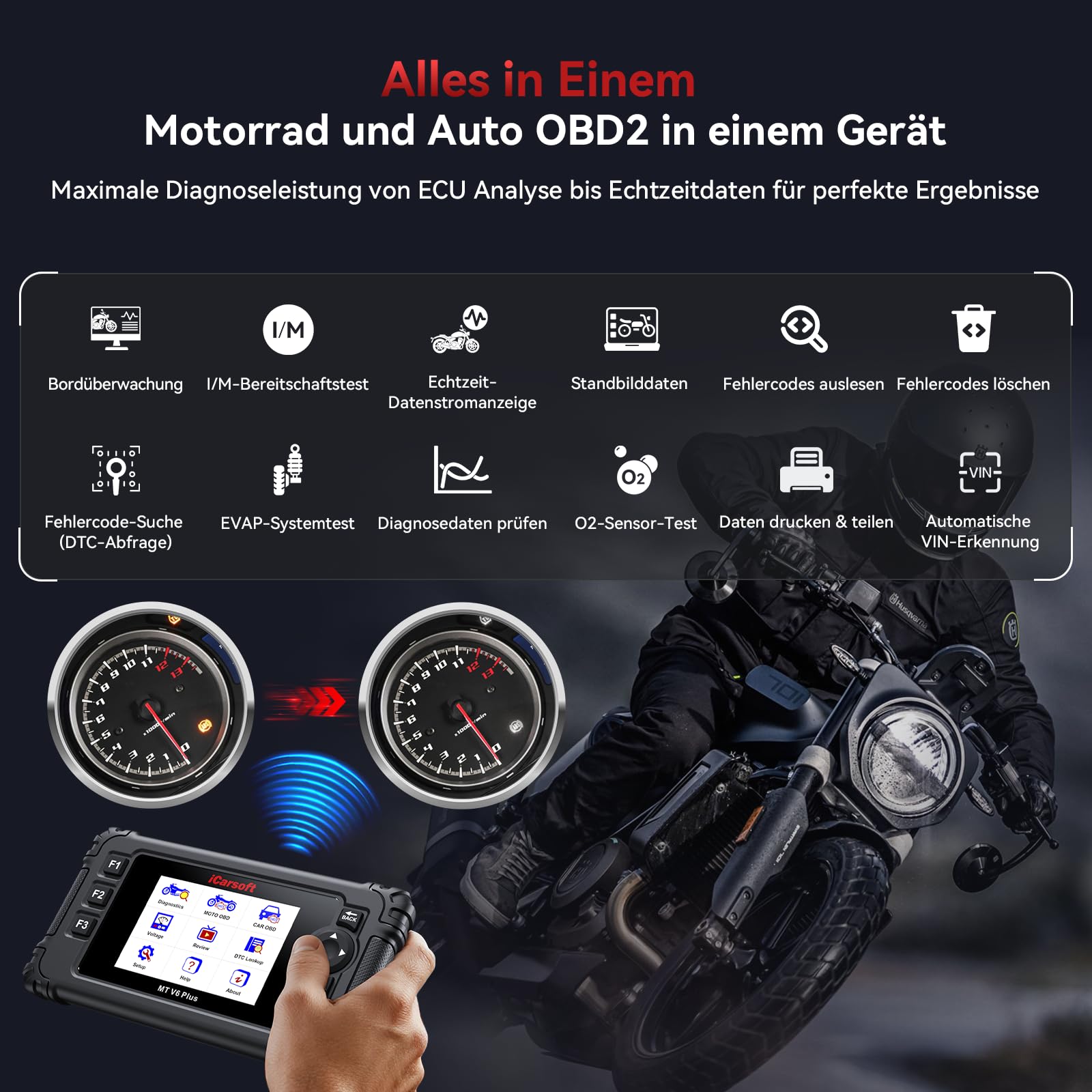 iCarsoft Motorrad OBD2 Diagnosegerät für Alle Motorrad, Alle Systeme Diagnosewerkzeuge mit Batterieklammern für Motorrad, Hot Reset Funktionen, ECM, ABS, IMMO, Datenstrom für BMW/Hon.da/Suzuki/Ducati