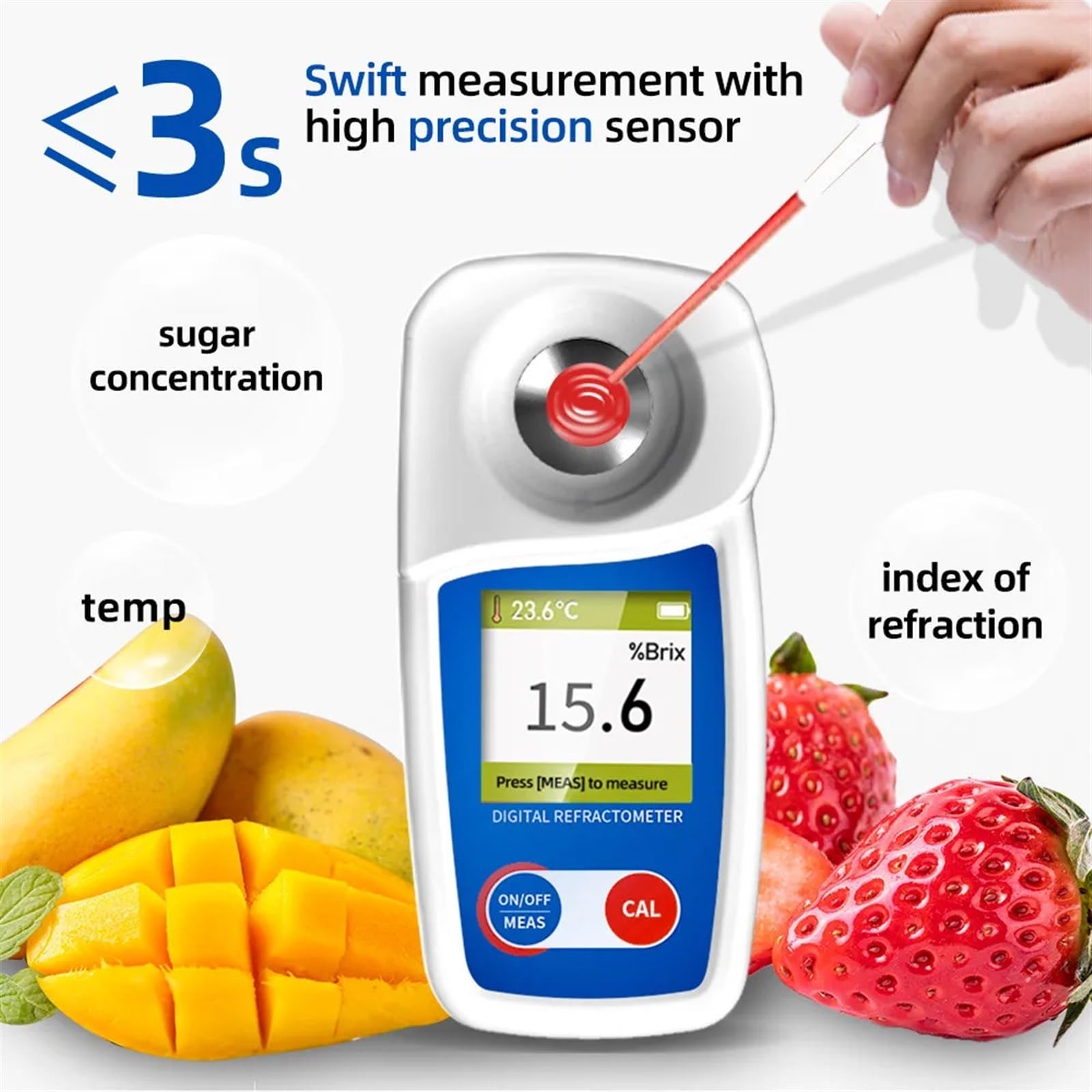 Refraktometer, Digitales Brixmeter 0–35%/0–55%, ± 0,2% Hochpräzises Refraktometer, Zuckergehaltstest for Obst, Säfte, Gemüse, Kaffee(0-35 (BM-05))