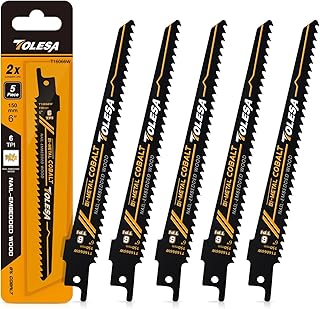 TOLESA Nail Embedded Wood Reciprocating Saw Blades for Window Door Demolition and Construction Wood Cutting 6 Inch 6TPI Bi-Metal Teeth with Cobalt Sharp Cutting 5 Pack