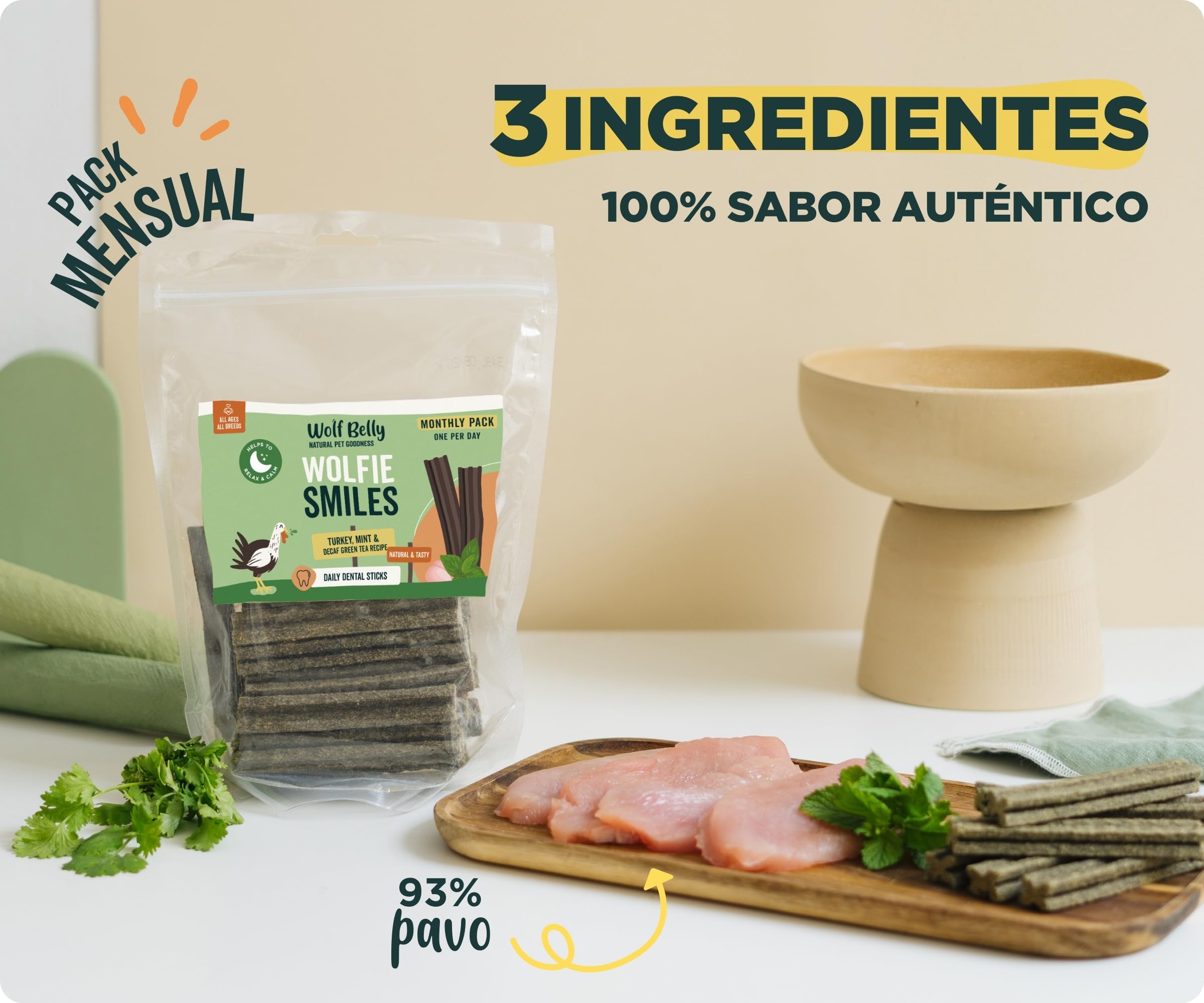 Wolf Belly - Stick Dental Perro Natural (28 uds) 93% Pavo y Menta sin Cereales | Higiene Dental & Aliento Fresco | Textura Resistente | Delicioso Sabor Carne | Rico en Proteínas - Producido en Europa