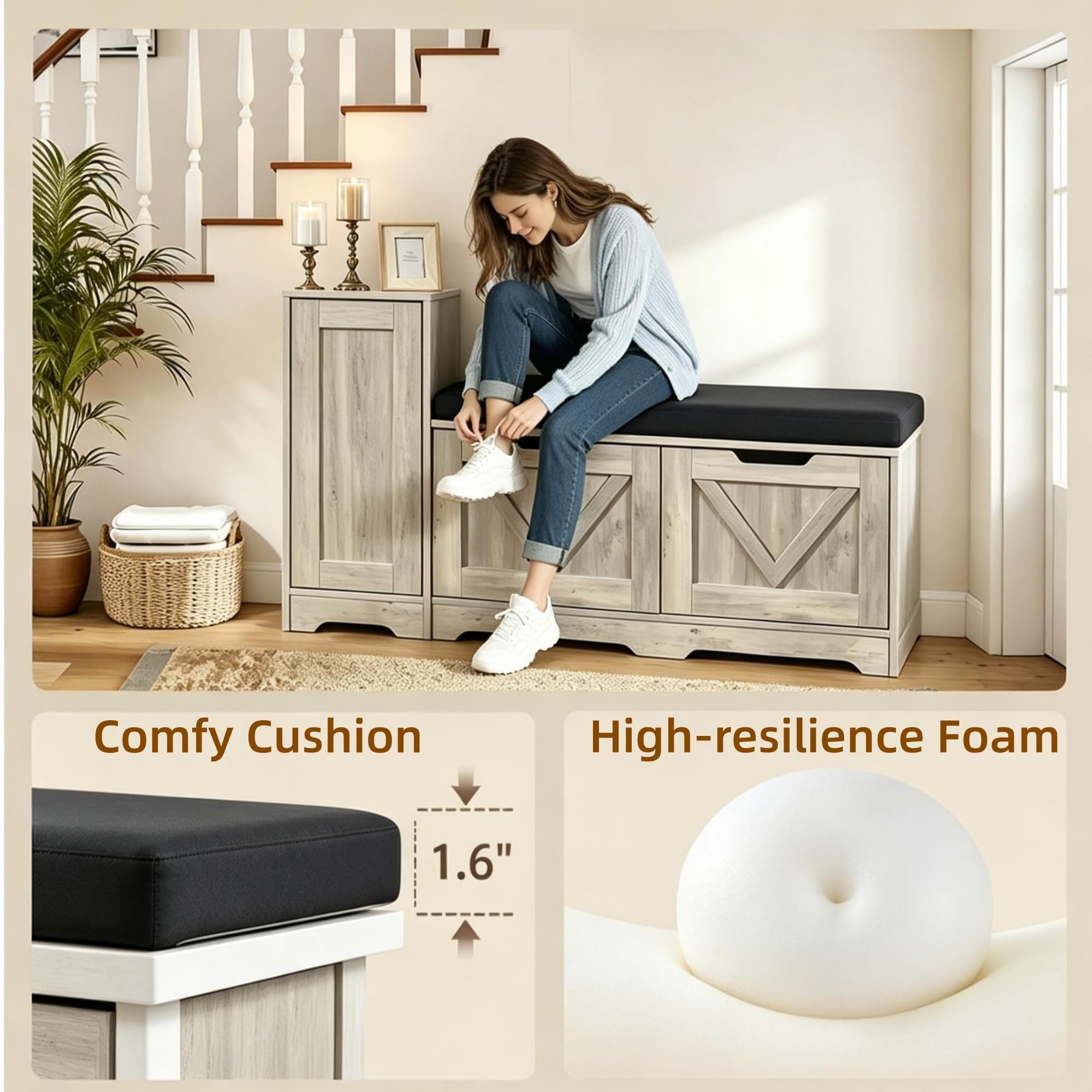 YITAHOME Banc à Chaussures, Meuble Chaussure Banc avec Siège Rembourré et Coussin, Double Porte Ouverte Rangement Chaussure avec Armoires Latérales, Meuble d'Entrée, 105 x 37 x 65.5cm, Gris