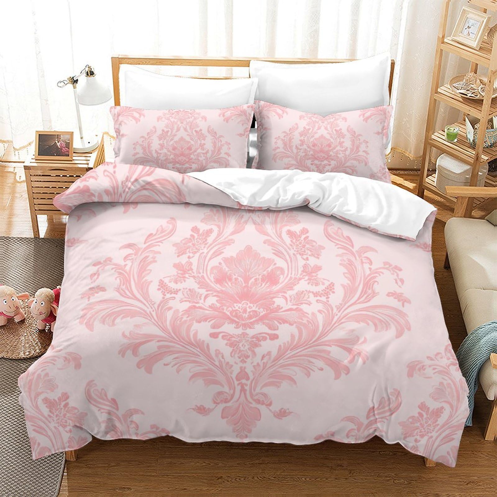 Housse de couette rose damassée 260x220 cm avec 2 taies d'oreiller en microfibre imprimée 3D court