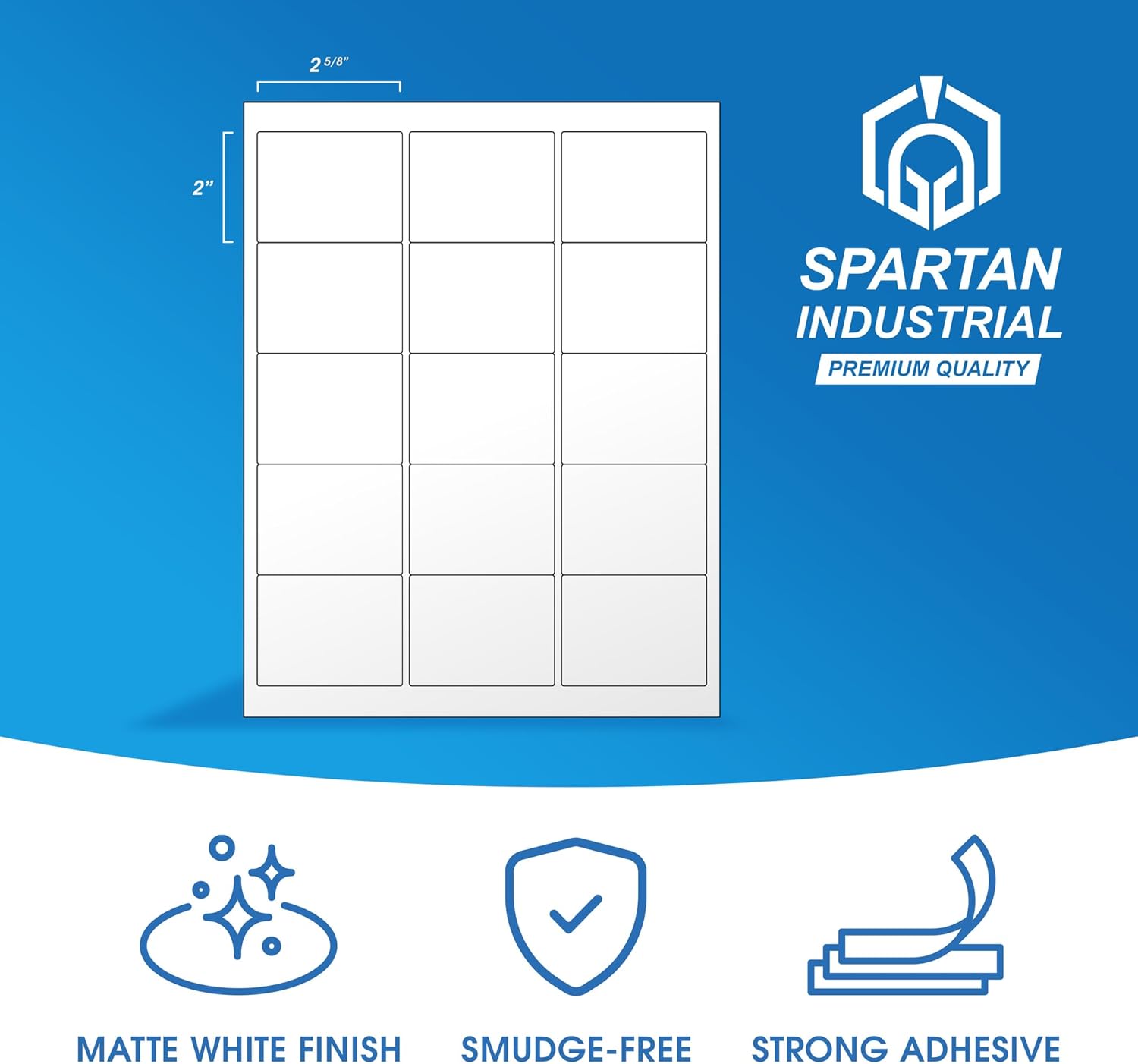 2.625" X 2" Matte White Printable Labels (500 Sheets, 7500 Stickers) Product Labels, Candle Stickers for Laser & Inkjet Printers - Spartan Industrial Template R009