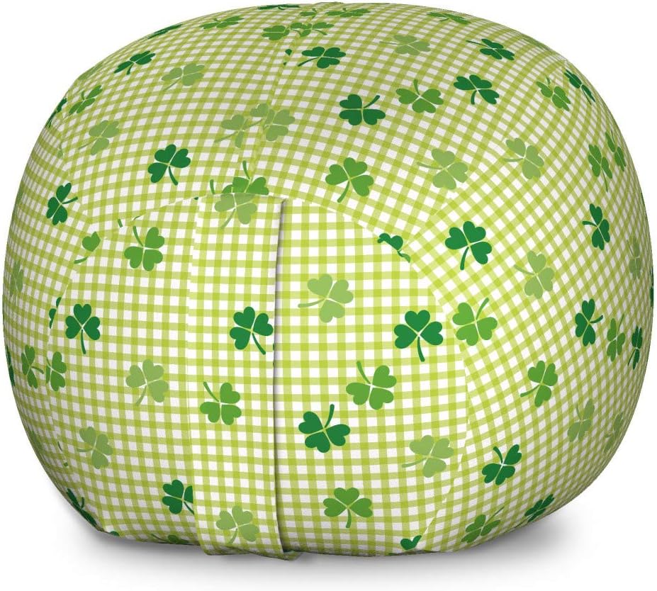 Ambesonne Irish Storage Toy Bag Chair, Retro Classical Checkered Pattern with Green Shamrocks Clovers Garden Plants, Stuffed Animal Organizer Washable Bag, Large Size, Yellow Green