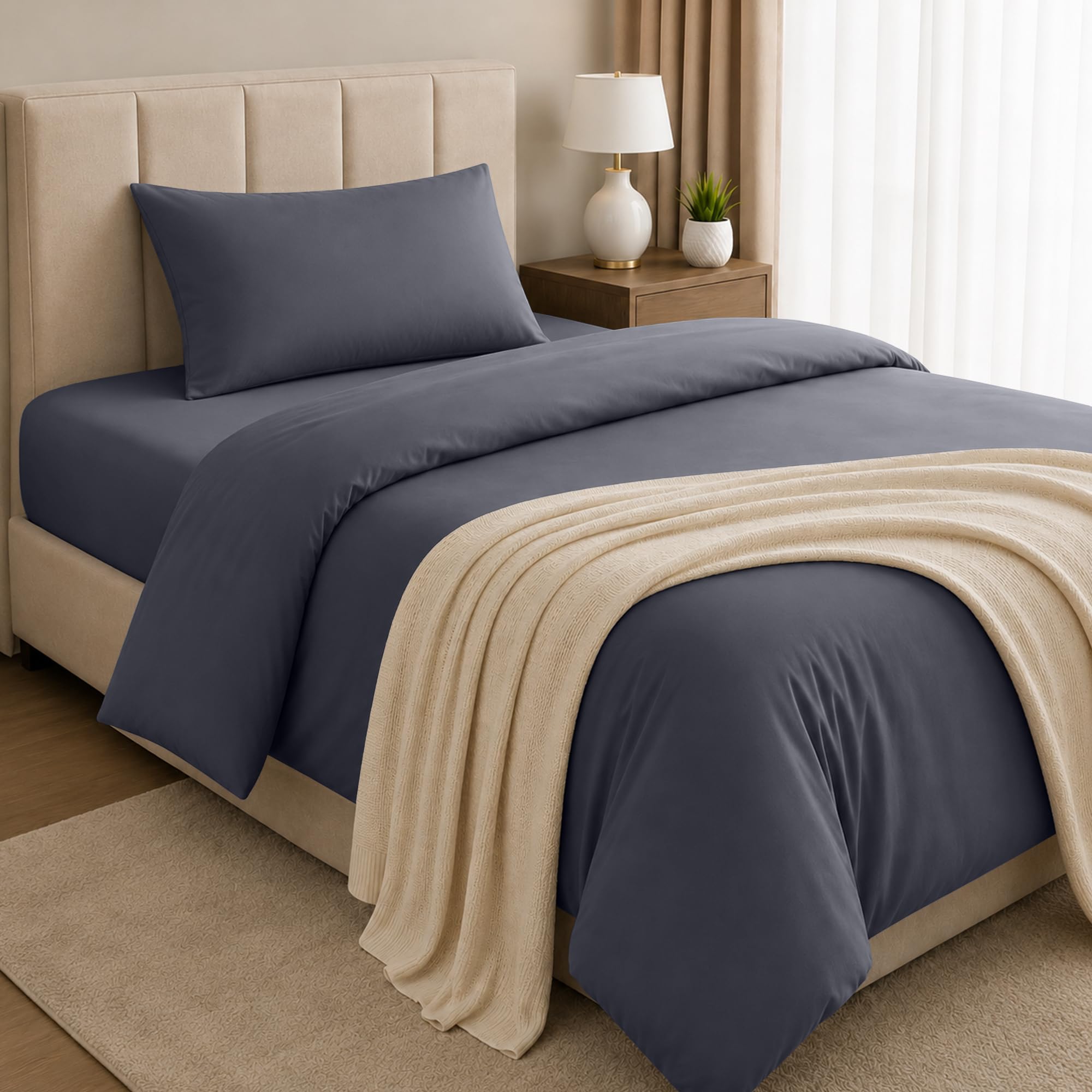 BEDIO Charcoal (3 Piece) Single Bedding Set - Duvet Cover, Fitted Sheet with Pillow case - Soft Brushed Microfiber Set
