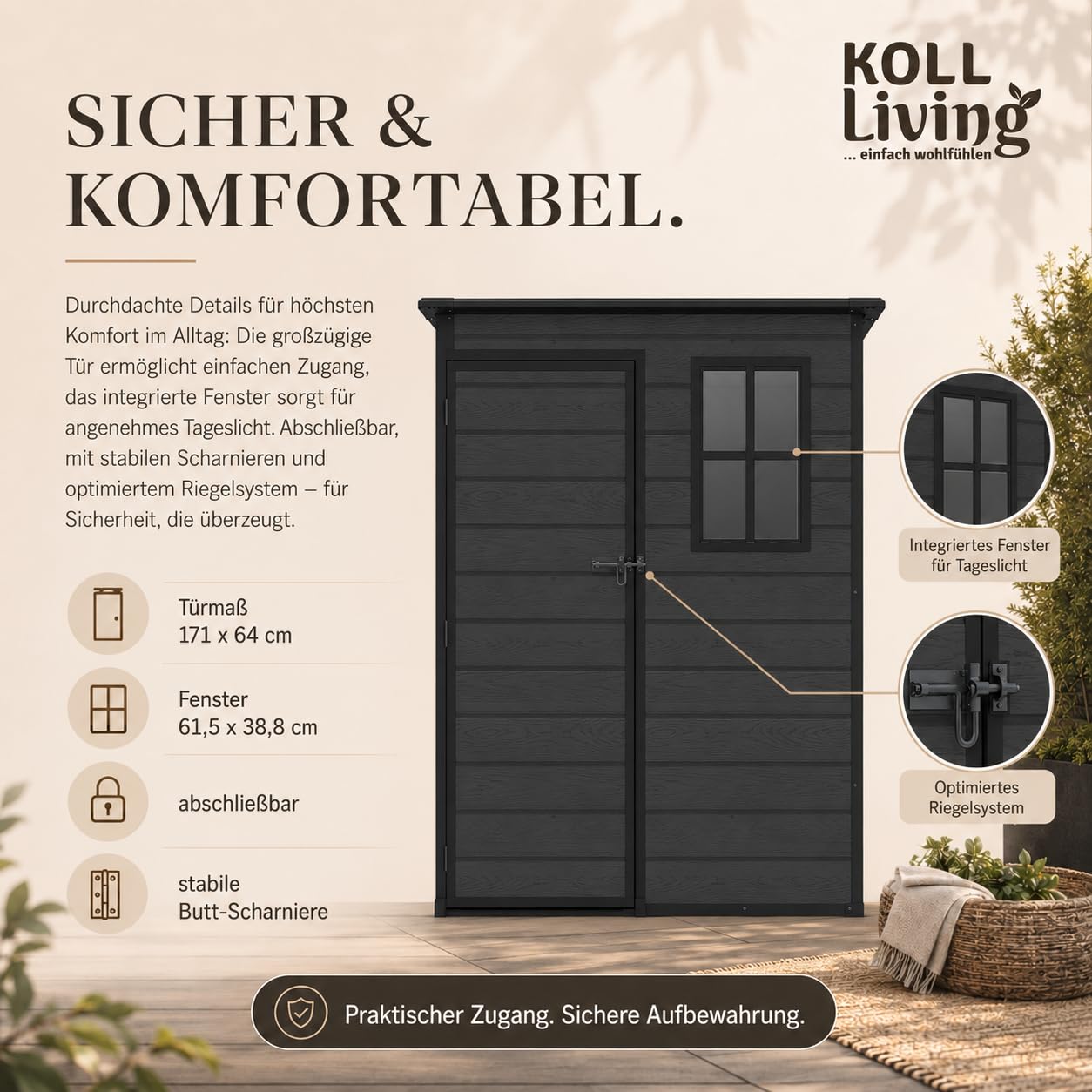 Koll Living Gartenhaus Arden | 2100 Liter, 152 x 91,5 x 193 cm | hochwertige Kunststoffpaneele in Schwarz | mit Fenster, abschließbar | UV- & witterungesbeständig