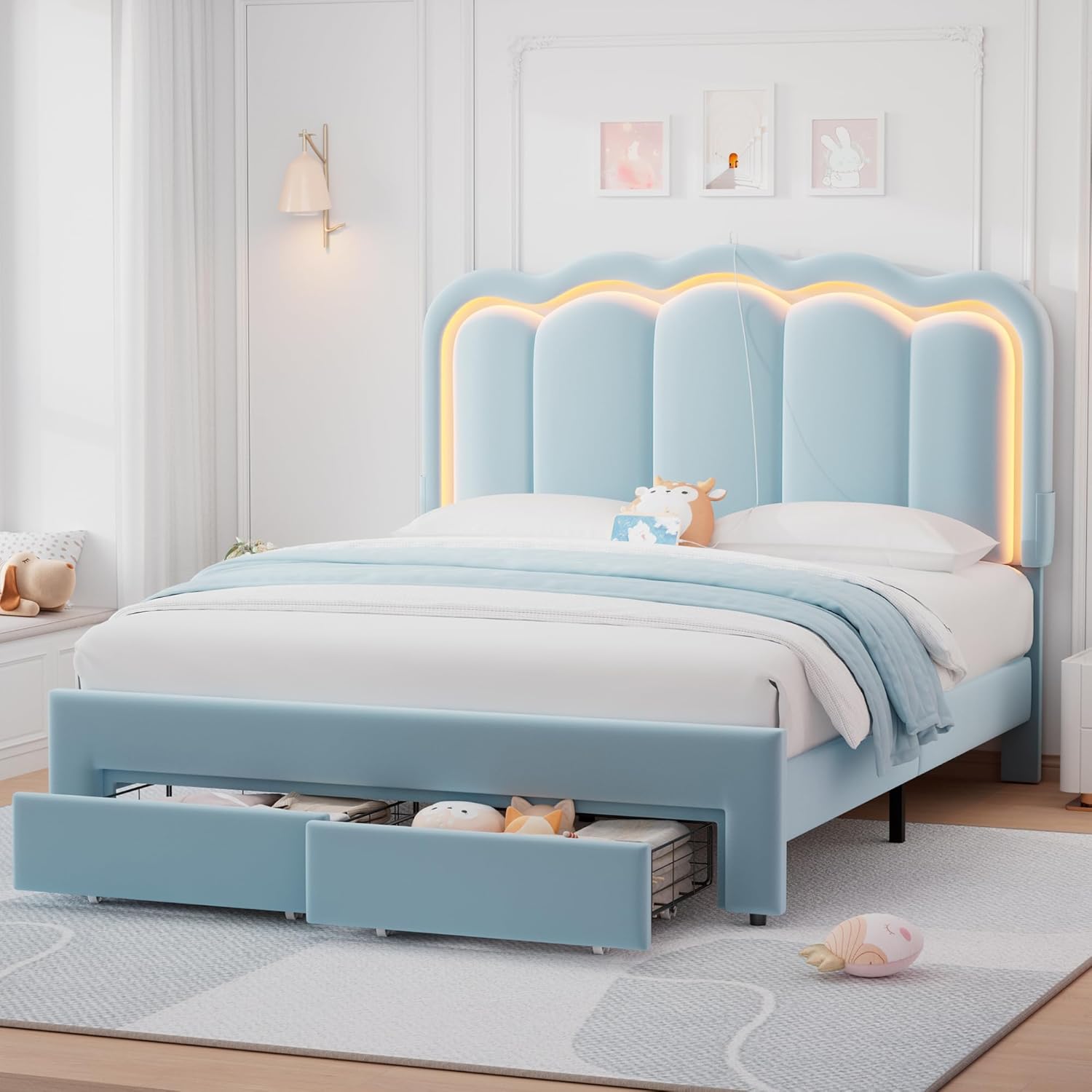 Queen Upholstered LED Bed Frame with 2 Storage Drawers and Adjustable Chic Double Wavy Headboard, Velvet Princess Platform Bed with Charing Station, Solid Wood Slats Support,No Box Spring Needed,Blue Blue Queen