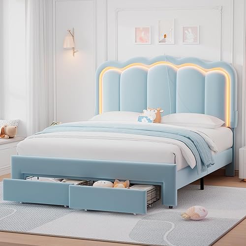 Miniatura 11 de Base de cama LED tapizada tamaño Queen con 2 cajones de almacenamiento y cabecera doble ondulada ajustable, cama de plataforma de princesa de