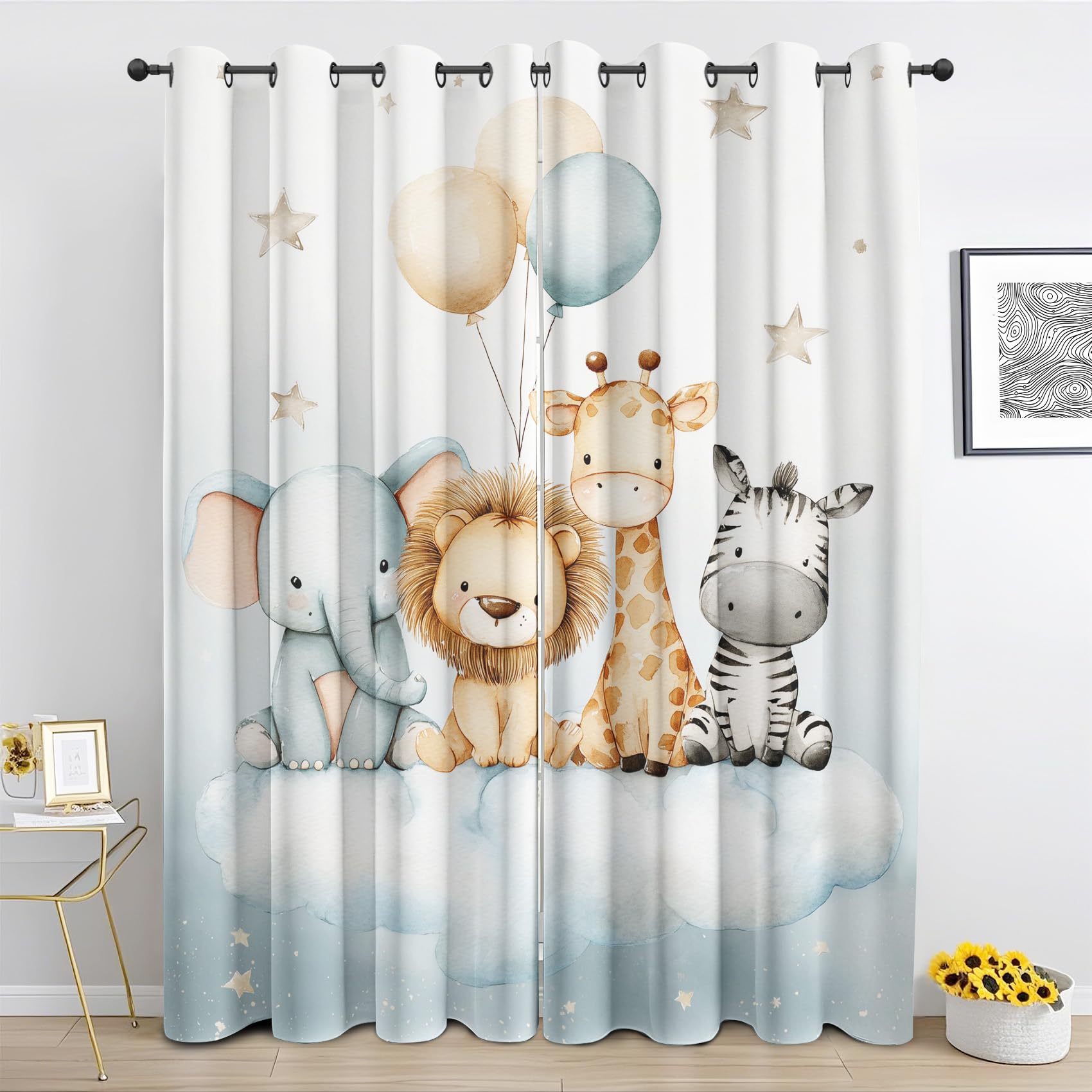 Generisch Niedliche Tiere Vorhang, Löwe Elefant Zebra Giraffe Deko Vorhänge mit ösen, Gardinen Blickdicht 2er Set, Thermovorhang Kälteschutz für Schlafzimmer Wohnzimmer H 225 x B 140