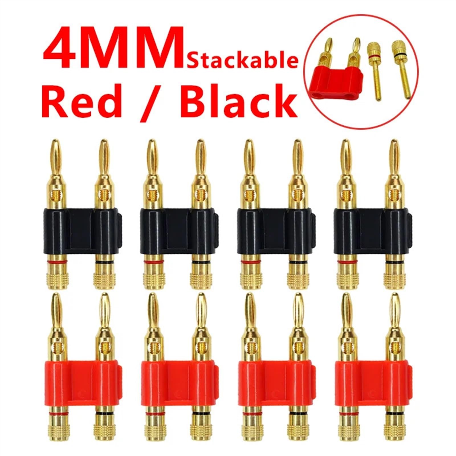 Connecteur doré empilable, 8 pièces, fiche Banane à Double rangée de 4mm, Double Haut-Parleur, Prise à Deux Positions(8 Red)