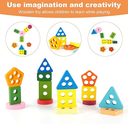 Miniatura 5 de NQEUEPN Juguetes apilables de madera Montessori, rompecabezas de bloques a juego para niños pequeños, juguete clasificador de formas de madera,