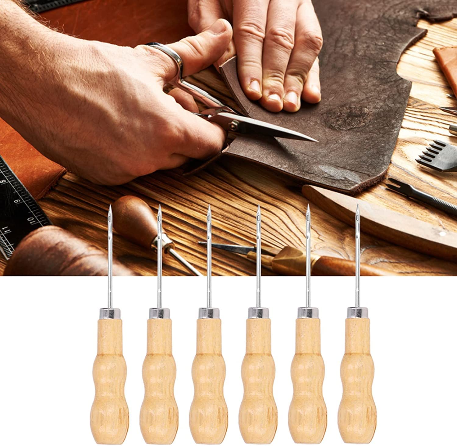 Poinçon de couture en cuir, poinçon à main, outil de poinçon en cuir, poinçon en cuir, 10pcs poinçon de couture en cuir manche en bois 125mm de longueur kit d'outils à main for réparer le bricolage