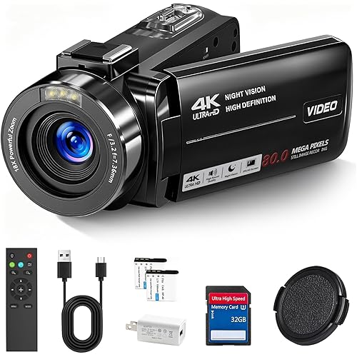 4K Camcorder Video Camera, 80MP HD Vlogging Camera for YouTube with IR Night Vision, 18X Digital Zoom, 3.0" IPS Screen, SD Card, 2 Batteries