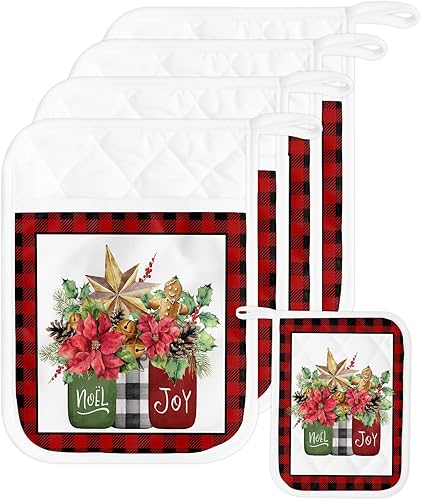 Miniatura 41 de Juego de 4 agarraderas de tela de rizo con diseño de flores navideñas para cocina, antideslizantes y aislantes de calor, con bolsillo, guantes