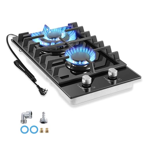 Gas Cooktop 2 Burner 12 Inch Black Tempered Glass