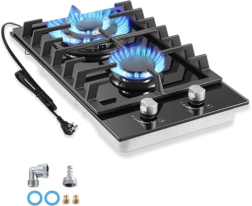 Placa de cocina de gas de 12 pulgadas, 2 quemadores, estufa de propano con protección de termopar, GLPNG de doble combustible integrado de vidrio