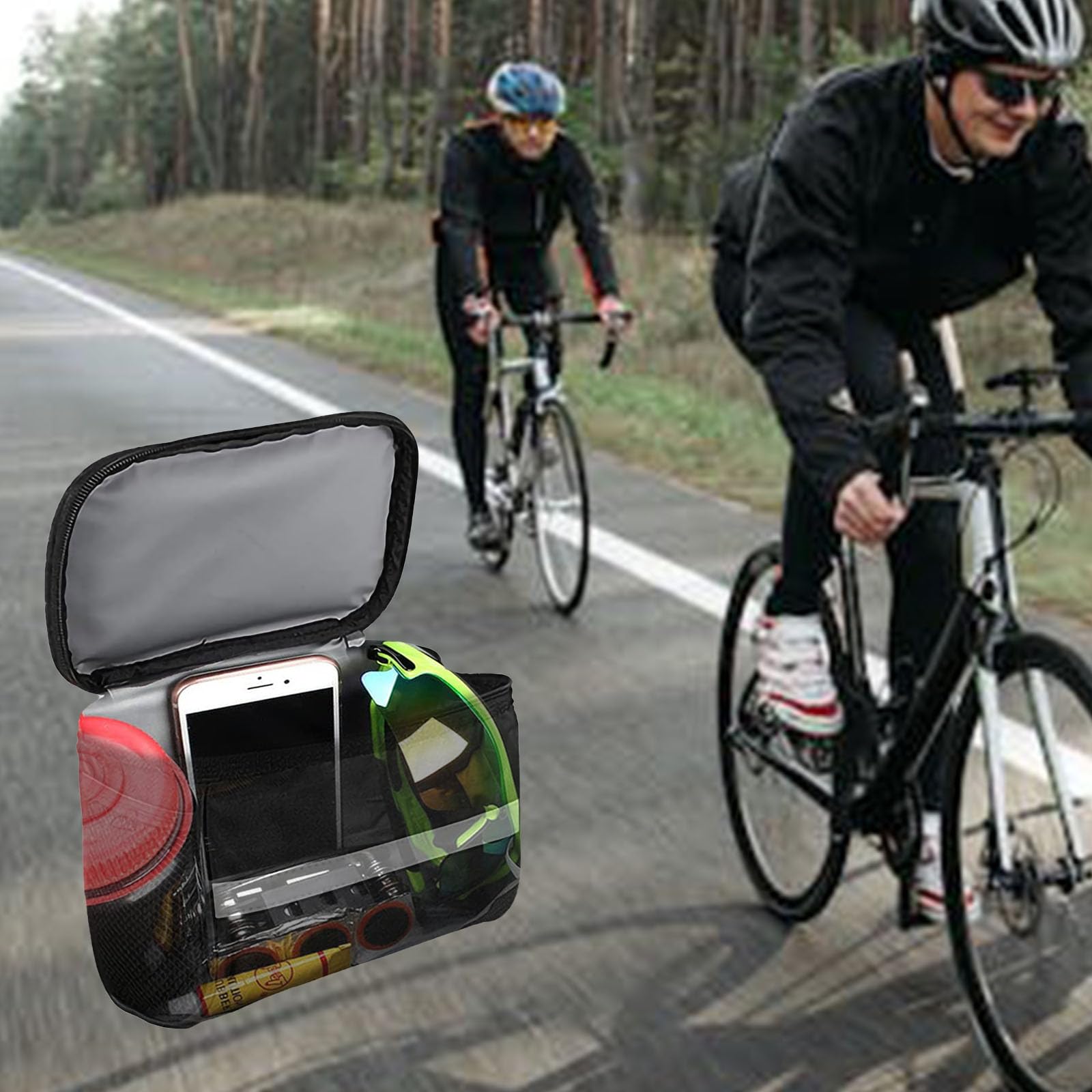 Borsa da manubrio per bicicletta, borsa anteriore per bicicletta, con strisce riflettenti, borsa per telaio della bici, borsa portaoggetti professionale, accessori per bici (nero)
