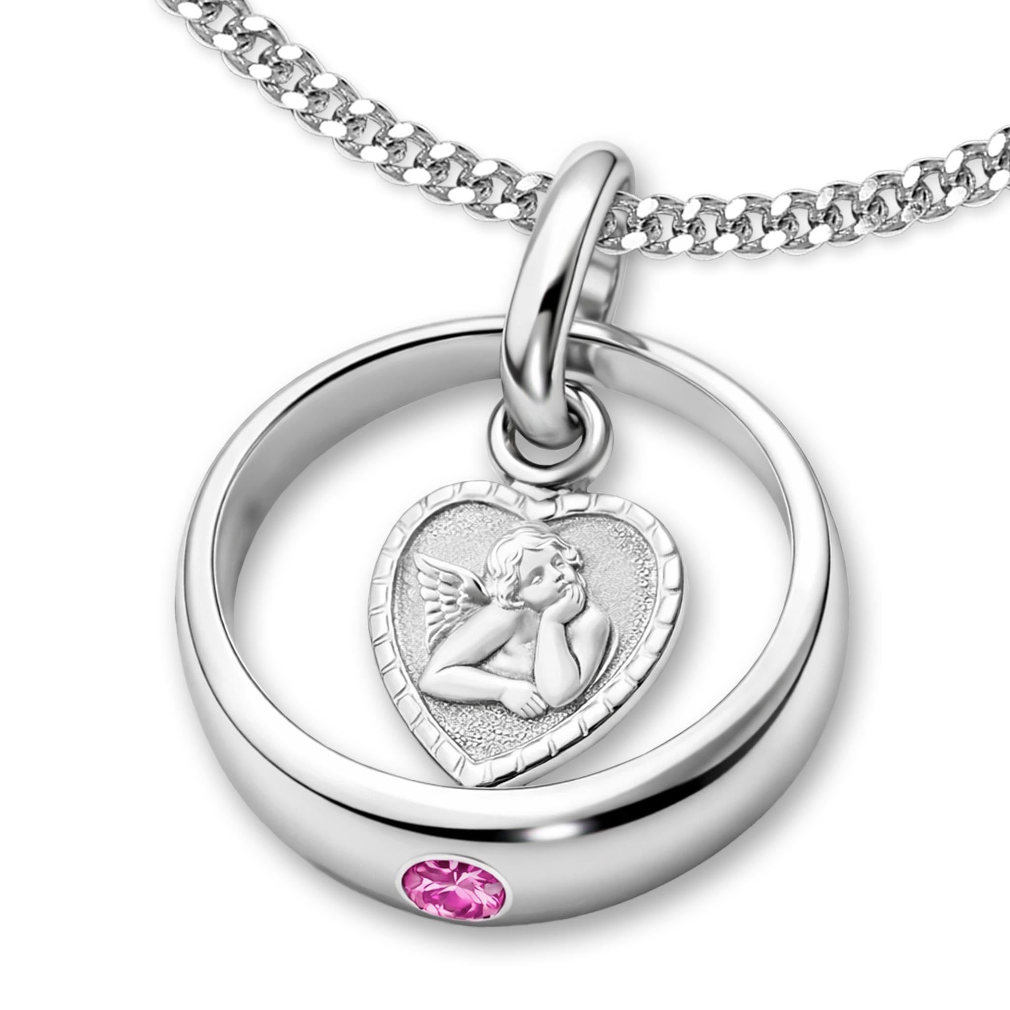 CLEVER SCHMUCK Taufkette Mädchen Silber Taufring Engel herzförmig rosa Zirkonia & Kette Panzer 36 cm 925 Sterling Silber 925 Taufgeschenk im Etui
