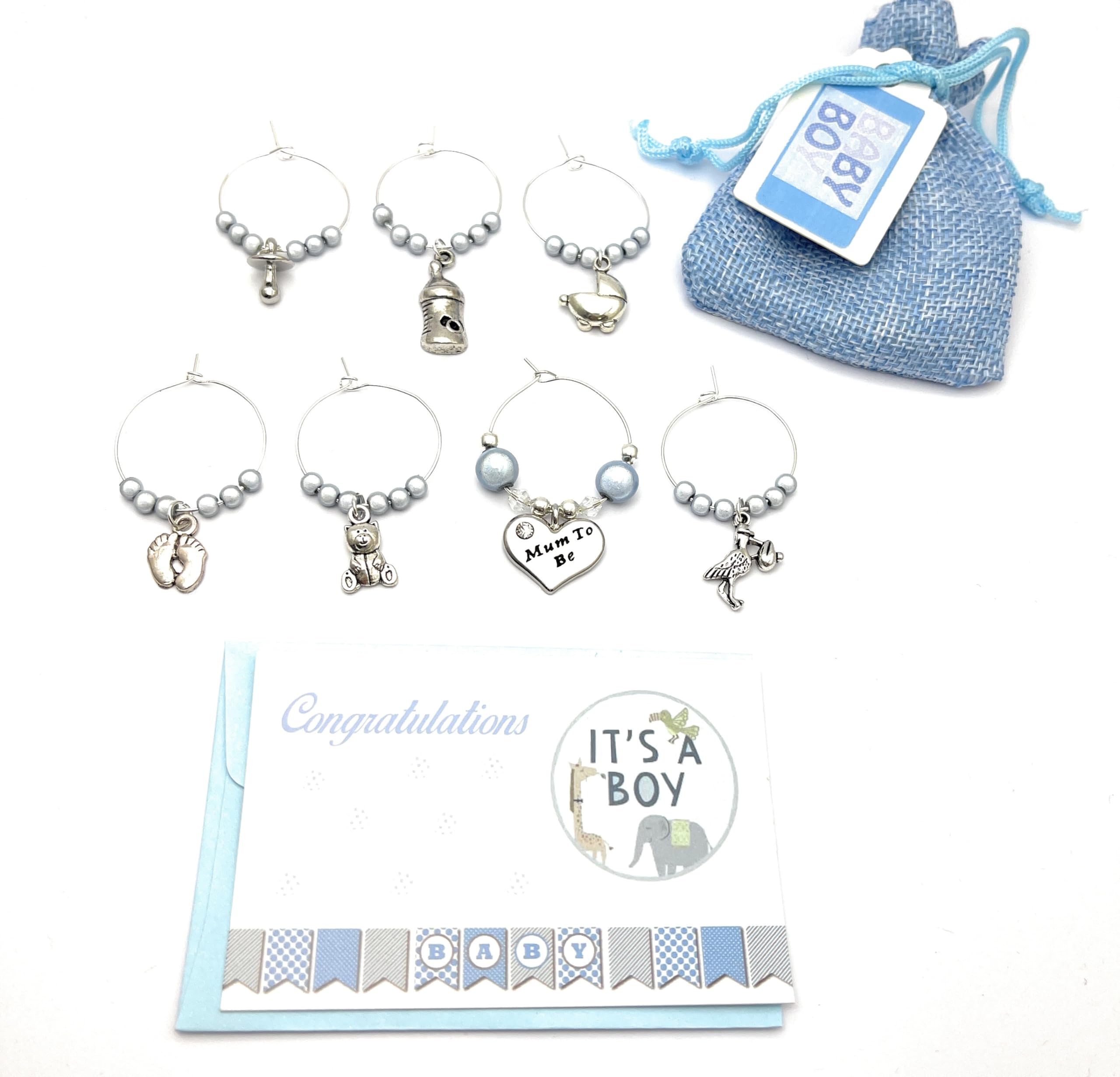 Libby's Market Place It's a Boy Baby Shower Glass Charms with Blue Gift Bag, Multicolour, Small