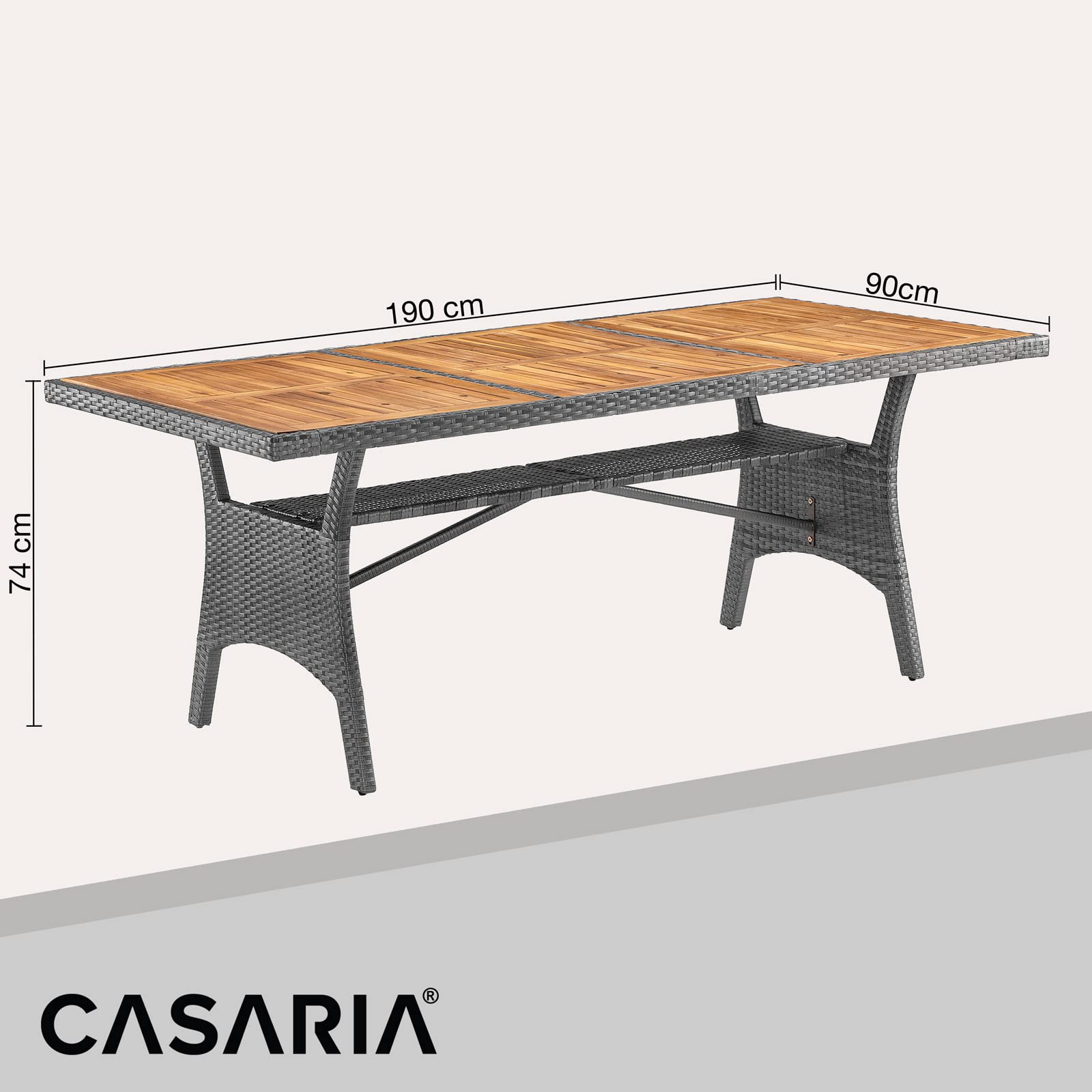 Casaria Tavolo da Giardino in Polyrattan Ripiano in Legno di Acacia 190x90x74cm Regolabile in Altezza per Esterno Pranzo Terrazza