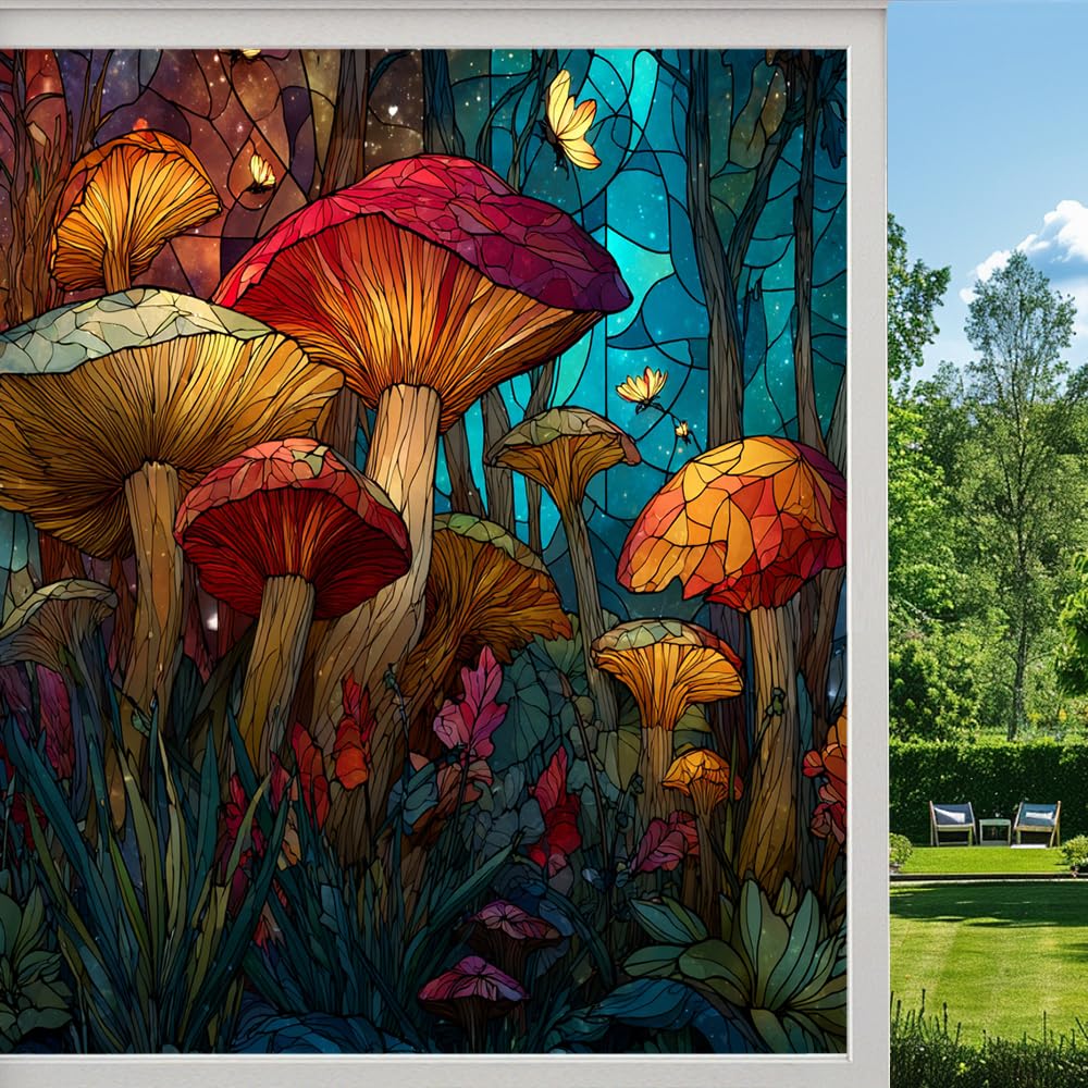 Dreamy Mushrooms Privacy Window Film, Enchanted Forest Natural Frosted Self-Adhesive Vinyl Cling for Glass Doors Bathroom Windows Sun Blocking Heat Control, （80x140cm）