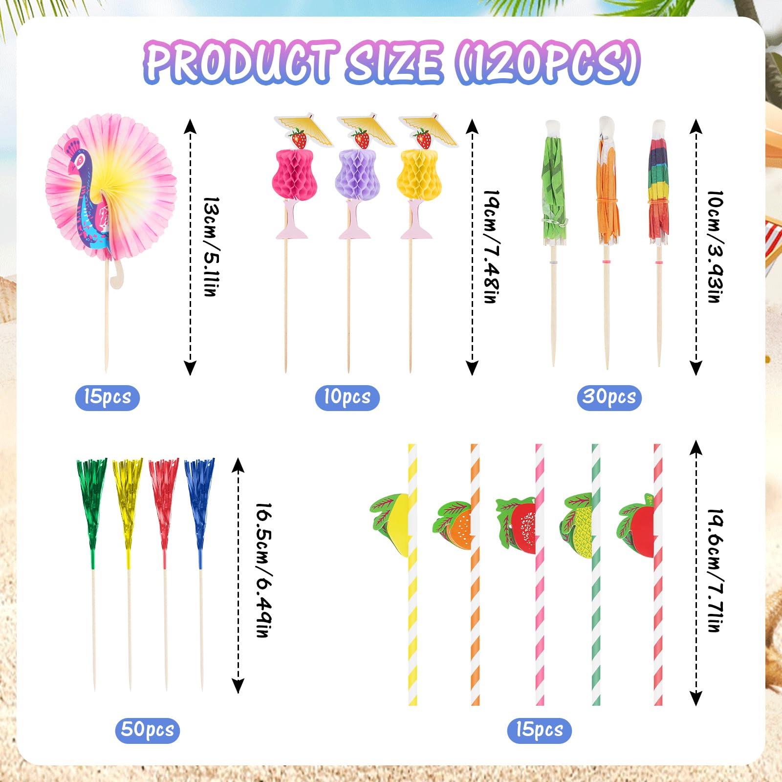 120 Pièces Décorations Cocktails – Parapluies, Pailles, Rubans & Fruits Multicolores Pour Fêtes Tropicales