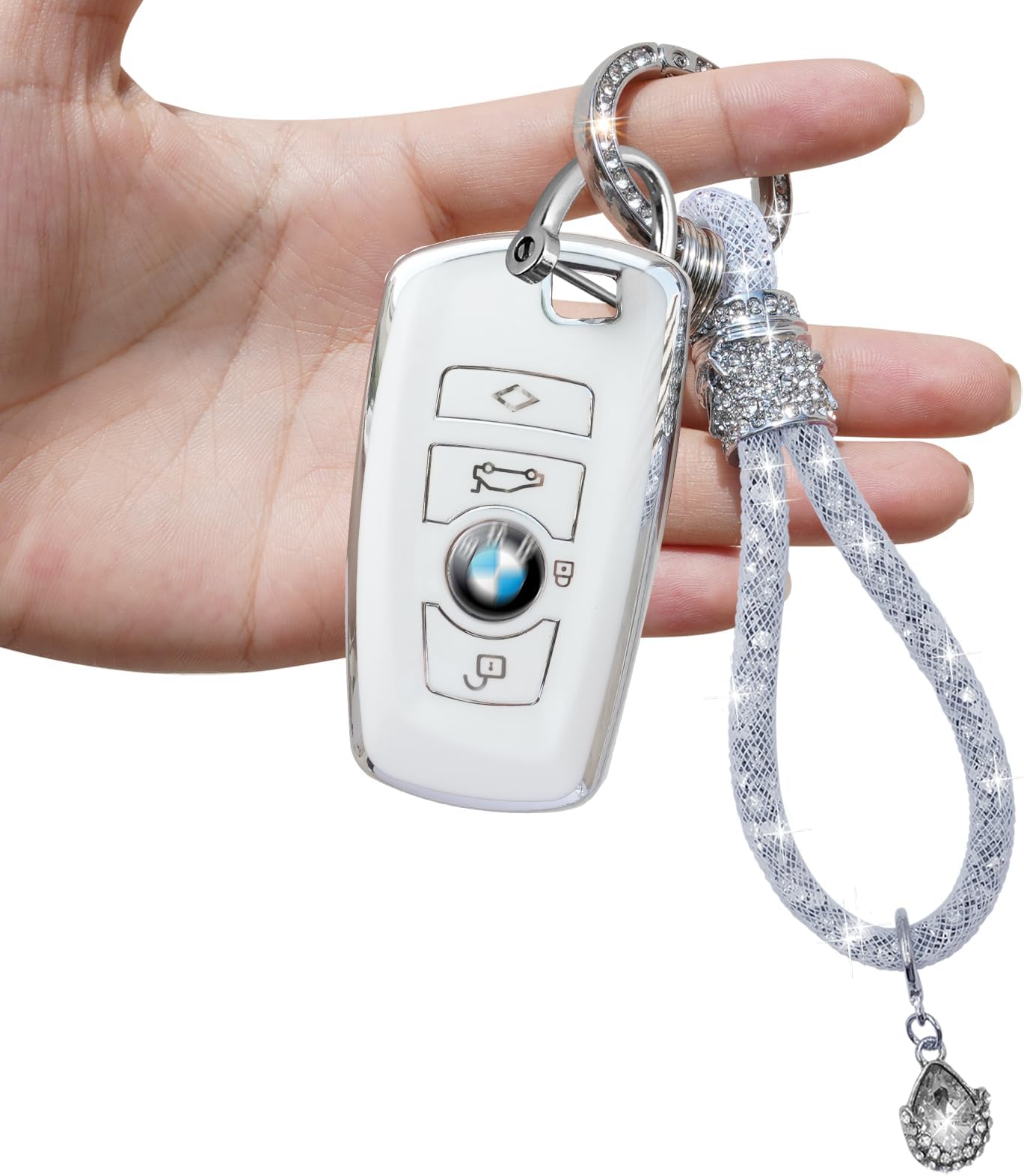 Yumzeco Car Key Case Compatible with BMW with Bling Diamonds Keychain,4 Buttons Key Fob Case for 1 2 3 4 5 6 7 X3 X4 M2 M3 M4 M5 M6 Series,TPU Silicone KeyCover BMW Keyless-White
